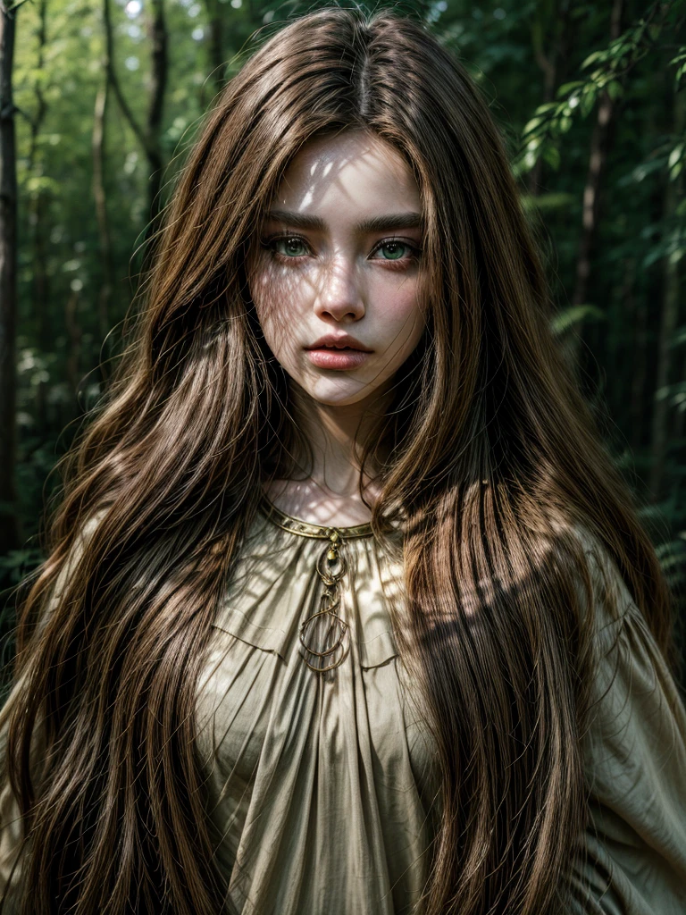 dark skin, detailed beautiful young woman, reddish golden brown hair, long, wavy and messy hair, detaiiled perfect green eyes, delicate symmetric realistic and beautiful face, (magic forest backgroung), ranger outfit leather armored, fairy, wild flowers blending into hair, full body, masterpiece, absurdres,fine detail, rich colors, dramatic lighting, extremely detailed, cinematic lighting