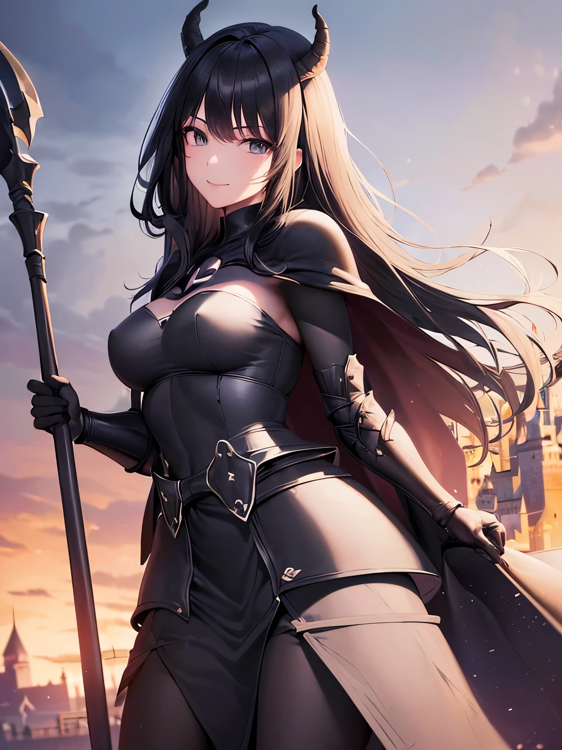 ((masterpiece, Best Quality)), ((hight resolution)), (photos realistic), Best Shadow, high detailing, Very detailed, (nice hand, Perfect hands), (Face Focus:1.2), ((1 girl)), Beautiful Girl, 25 years old, (black long Hair:1.5), (normal breasts:1.3), (view from front), (Very slender:1.3), (Cute face:1.3), (look at viewer:1.4), detailed facial features,droopy eyes, Crisp focus, perfect beautiful body and face, Perfectly focused, Long bangs, (in the castle:1.4), (enchanting smile:1.5), ((fantasy)), (black eyes), ((waist-cape black armor:1.5)), standing, ((halberd:1.3)), crescent moon, black helmet