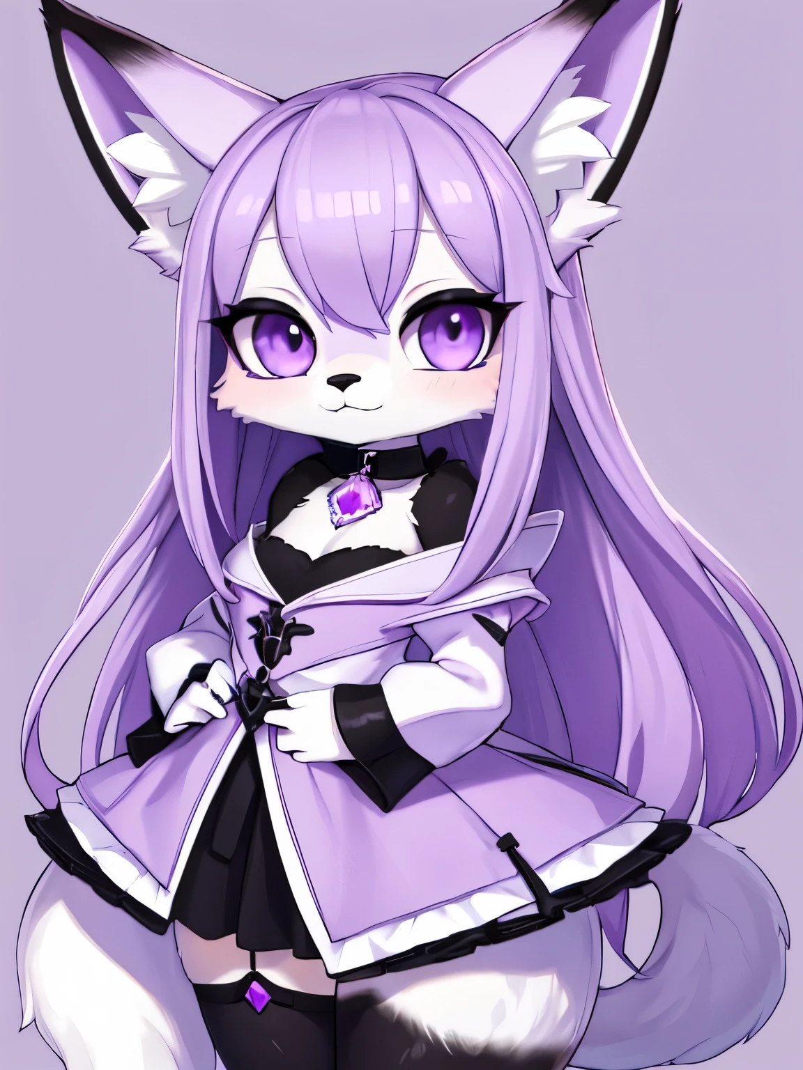(A young white female fox furry), lilac long hair, violet laminating eyes, black fur on ears, octaheadron violet crystal on neck
