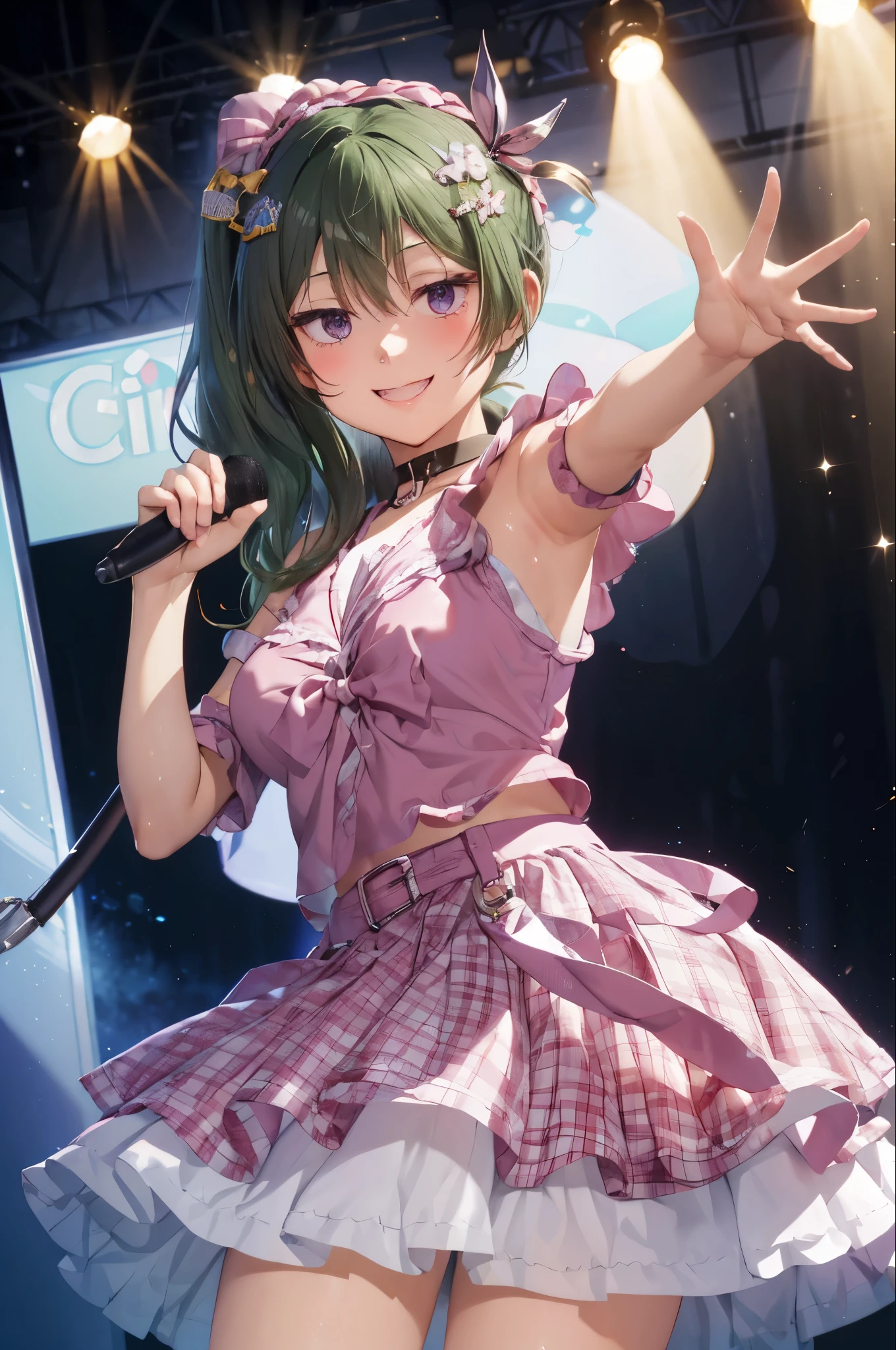 masterpiece, highest quality, 8k, ultra high resolution, highest quality, anime style, best writing, beautiful face, masterpiece
extreme close up, don't look at the audience, smile, blush, Yubel, long hair, Side ponytail
(idol costume:1.3), (cute hair ornament:1.3)
dance, sing, (live stage:1.3), free pose