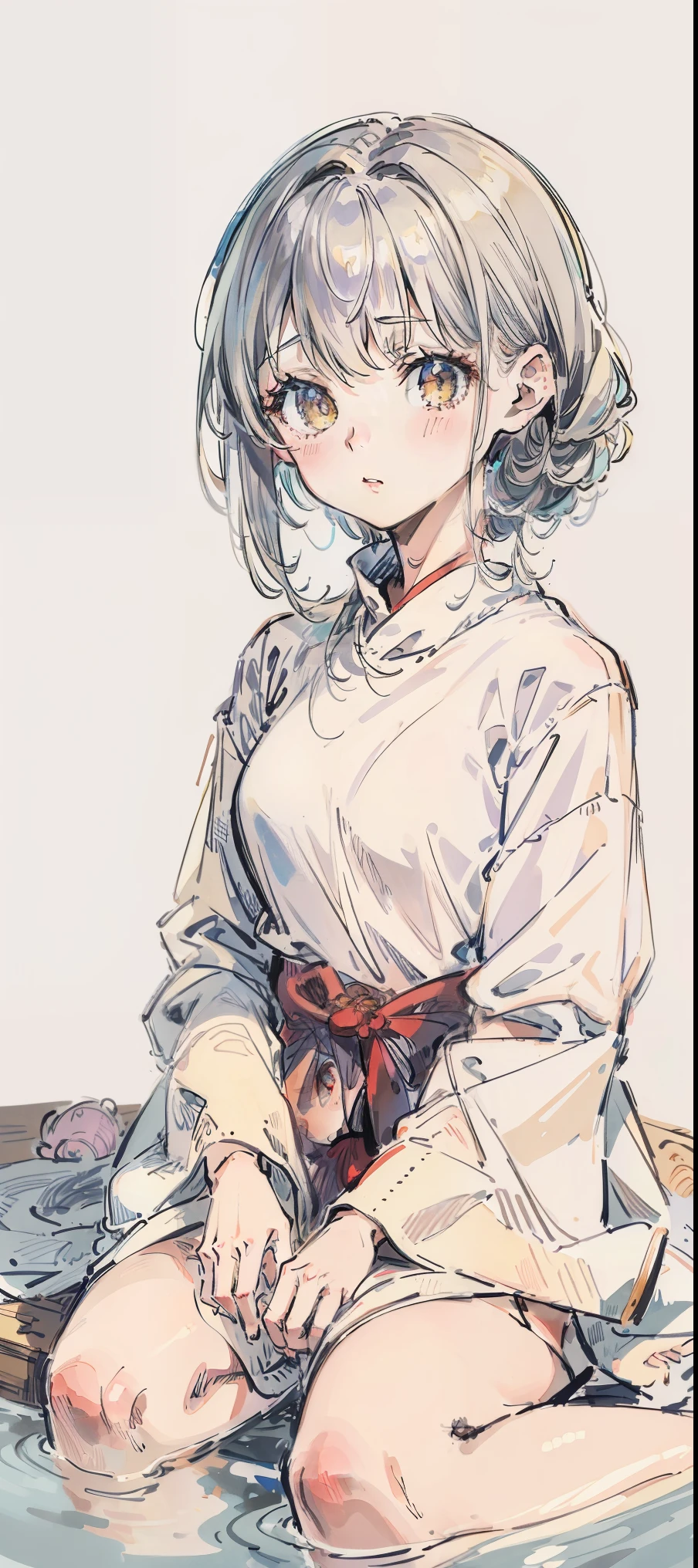 sketch style, girl, cute、Upper body、student、spring、(master piece,highest quality),イギリス人のgirl,12歳のgirl,(gray hair),(chi bangs),(pale yellow eyes),white nightdress,wearing a white sweater,(barefoot),cute大きな胸,cold,king of ten thousand women,looking at the viewer,simple background