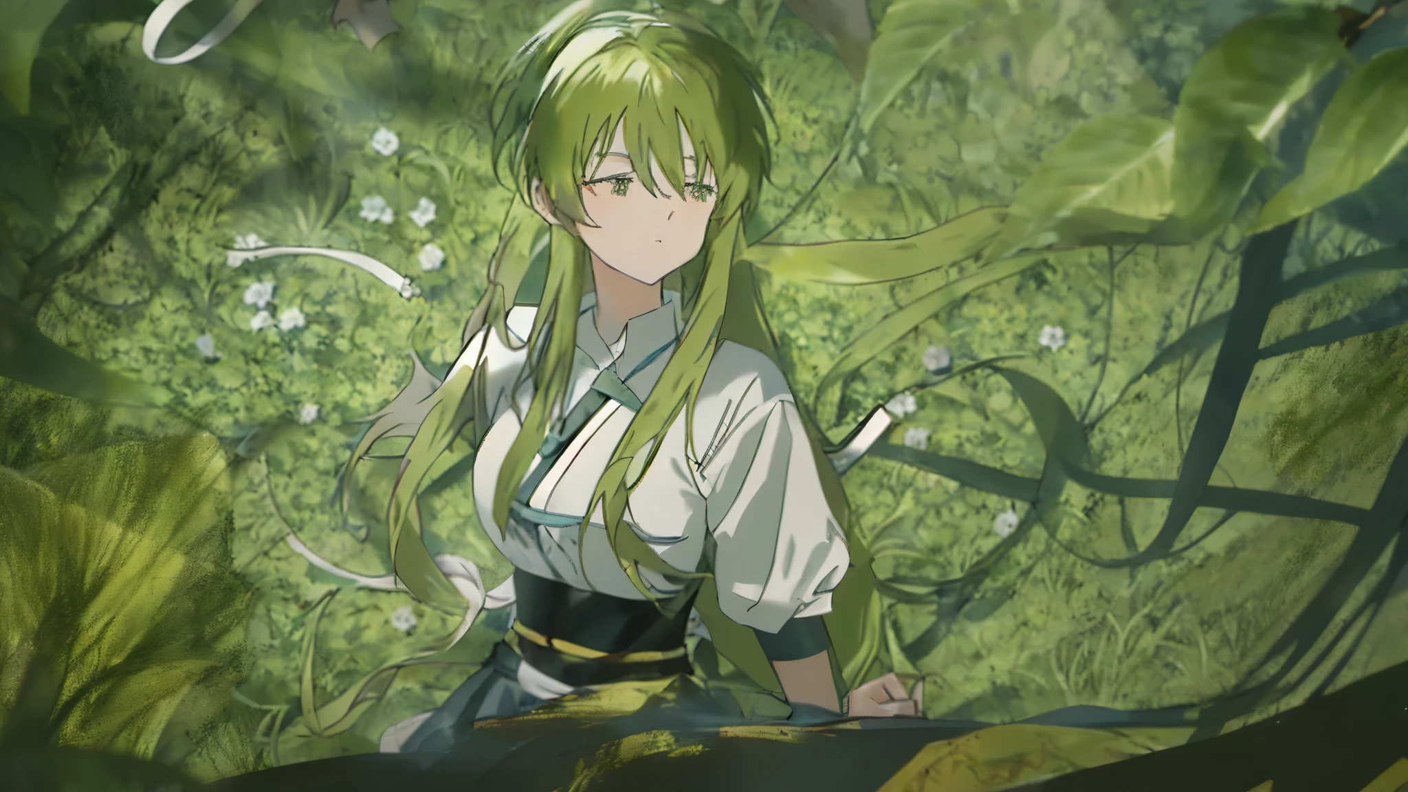 Anime scene of a woman in a white shirt and a cat in a green field, anime movie screenshots, anime movie yet, today's featured anime still, anime movie screenshots, Still from the anime, anime still, anime still film anime shikishi, gro anime screenshot, anime rush john 8k forest, Close-up of Reon Iwakura