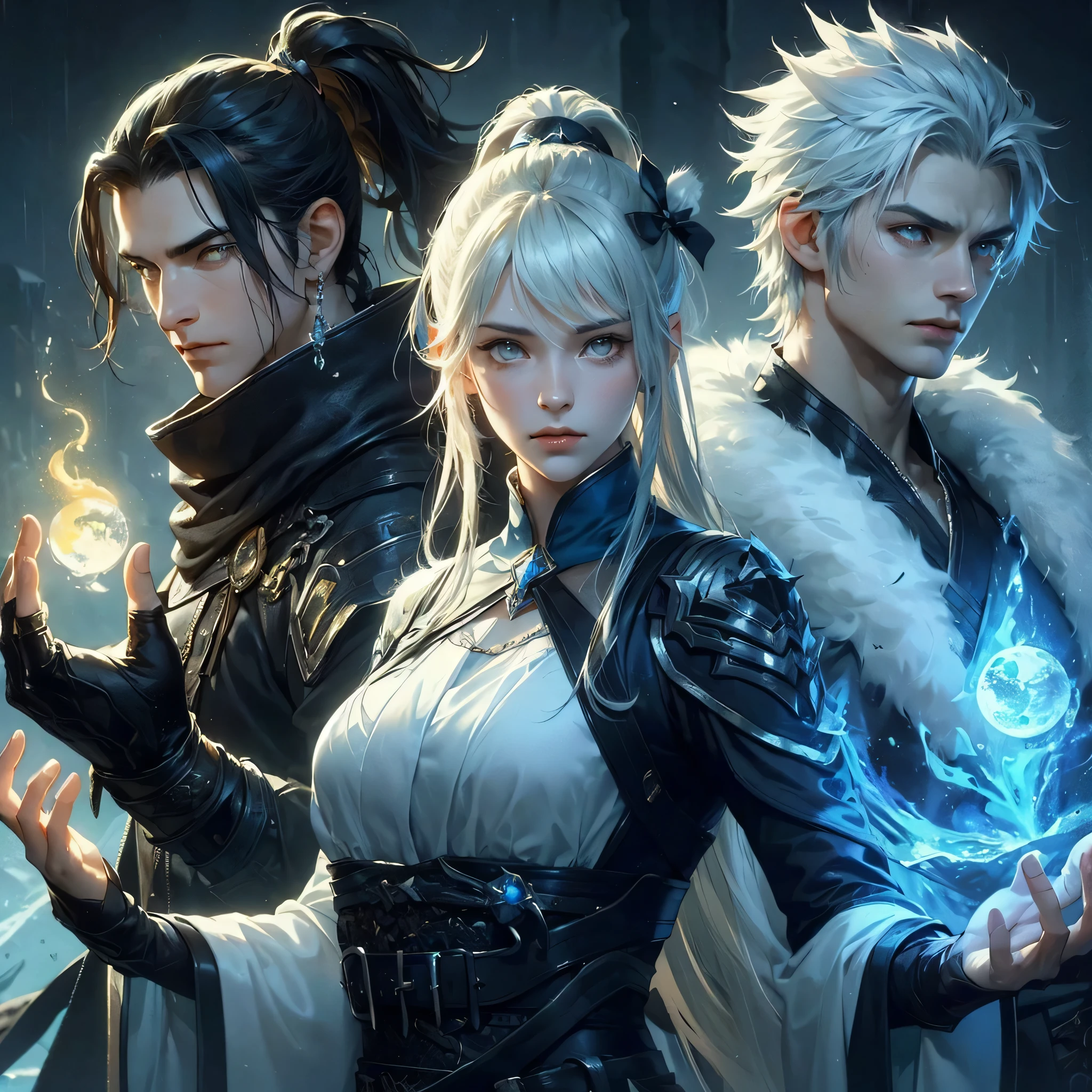 a cinematic masterpiece. a fantasy novelistic picture showing three young characters: a male with long dark hair in ponytail, yellow eyes, wearing a sleek black leather fantasy gear, black scarf, he's controlling dark mist. A female with blonde long hair tied with a bow, wearing blue and white fantasy warrior gear, she's controlling water. And a tall muscly male with spiky white hair, wearing a white fur coat and white fantasy warrior gear, controlling ice, dark background.