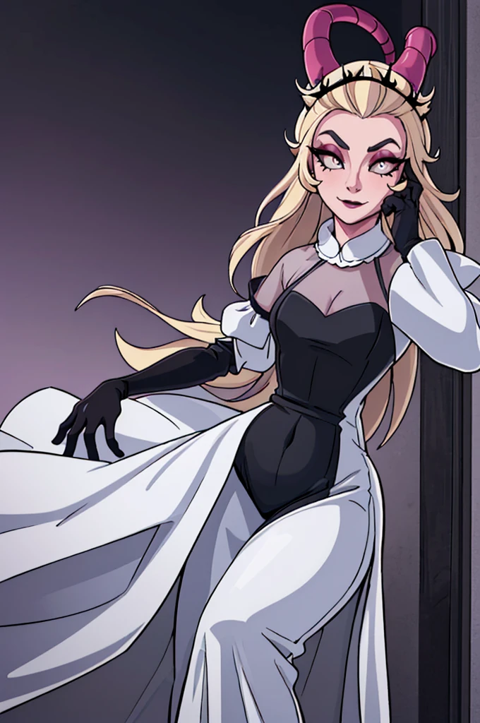 (Lilith:1.2), (grey/gray skin, grey sclera, long blonde hair, white iris, demon horns, makeup), (DefaultOutfit:1.2), (long dress, sleeves, gloves, black dress:1.5), (castle, inside a castle, Victorian theme), (realistic:1.2), (masterpiece:1.2), (full-body-shot:1),(Cowboy-shot:1.2), neon lighting, dark romantic lighting, (highly detailed:1.2),(detailed face:1.2), (gradients), colorful, detailed eyes, (detailed landscape:1.2), (natural lighting:1.2), (powerful pose:1.2), (solo, one person, 1girl:1.5),