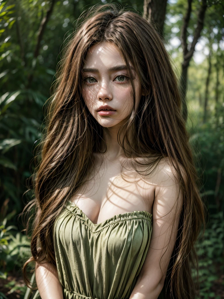 dark skin, detailed beautiful young woman, reddish golden brown hair, long, wavy and messy hair, detaiiled perfect green eyes, delicate symmetric realistic and beautiful face, (magic forest backgroung), ranger outfit leather armored, fairy, wild flowers blending into hair, full body, masterpiece, absurdres,fine detail, rich colors, dramatic lighting, extremely detailed, cinematic lighting