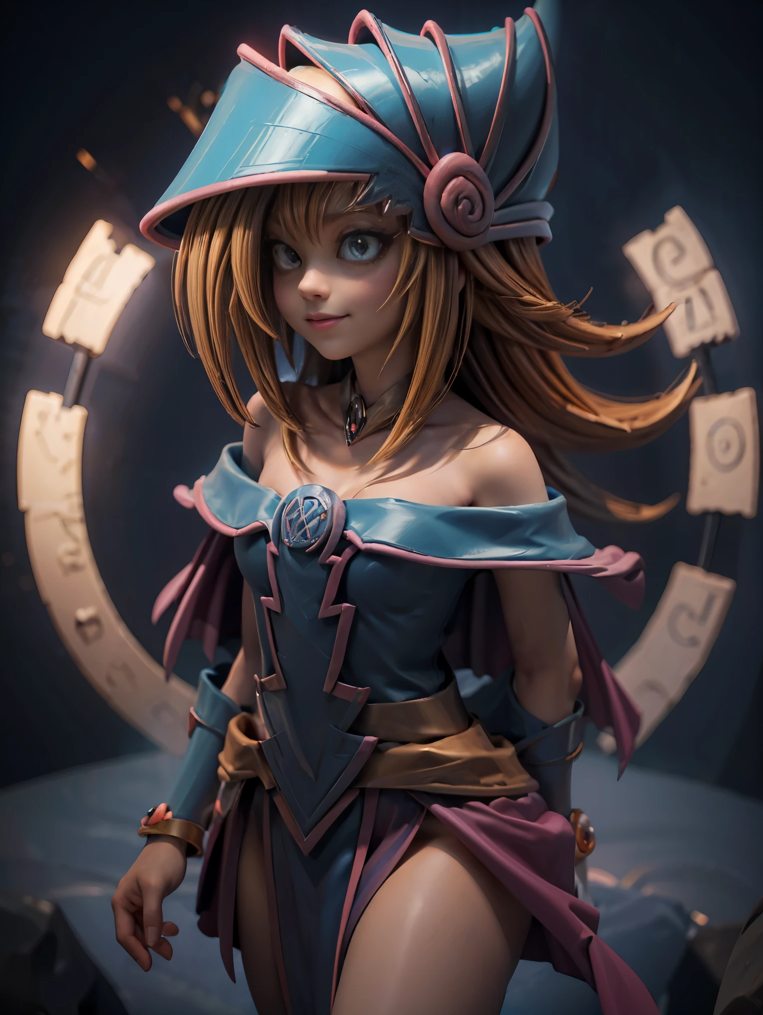 Dark magician gils en el aire, ella esta parada. Con traje maya. Plumas de colores, aretes, vestido Maya de reina. Sonrisa en sus labios. Ojos celestes. Cabello dorado. Pose sensual. Levitando en una pie. Fondo de ruinas mayas 