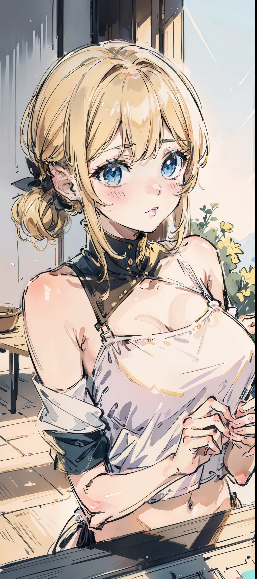 anime, style image of a woman in a crop top bikini,(white crop top:1.4),(dark blue micro skirt:1.3), undersized clothes, 1girl,barbara \(genshin impact\),smilechoker,sailor hat,hat flower,blue eyes,blonde hair,twintails,detached sleeves,bare shoulders,thigh strap, blue eyes, underboob, sideboob,revealing clothes, (big breast:1.4), pigtails, hat, ai's pose, 1girl, solo, smile, open mouth, one eye closed, pointing, microphone, (masterpiece, best quality:1), normal eye,(on a stage with stage lights focusing on the character:1.4),huge screen in the background,(masterpiece, best quality:1.4),high quality, highly detailed,detailed,perfect,(Highres), (Detailed Illustration), Ultra-Detailed, Ambient Light, Realistic Shadows, Detailed Face, (Detailed Hair:1.2), Reflections, Detailed Face, (Detailed Hair:1.2), (Hyper-Detailed Eyes:1.4), (Detailed Eyes:1.6),higly detailed,masterpiece,depth of field, masterpiece, best quality, 4k, distinct image, Amazing, hyper detailed, extremely detailed cg, illustration, dramatic lighting, light source contrast, best illumination, high resolution,realistic, (ultra detailed),masterpiece, best quality,nsfw,erotic,sexy,(on a dining room in a house:1.4),indoors,house interior,dining room,table,chair,(masterpiece, best quality:1.4),high quality, highly detailed,detailed,perfect,(Highres), (Detailed Illustration), Ultra-Detailed, Ambient Light, Realistic Shadows, Detailed Face, (Detailed Hair:1.2), Reflections, Detailed Face, (Detailed Hair:1.2), (Hyper-Detailed Eyes:1.4), (Detailed Eyes:1.6), (sharp focus:1.2), photo, attractive young woman, (beautiful face:1.1), detailed eyes, luscious lips, (bold red lip colour:0.85), (slim body:1.2), (long hair:1.2), in a (botanical garden:1.2). (moody lighting:1.2), depth of field, bokeh, 4K, HDR. by (James C. Christensen:1.2|Jeremy Lipking:1.1,((gigantic breast ,small areolae)), (slender waist, athletic body), (soft ),(on back, touching ceiling), (giantess, GTScramped) BREAK (((gigantic breasts))), ((large
