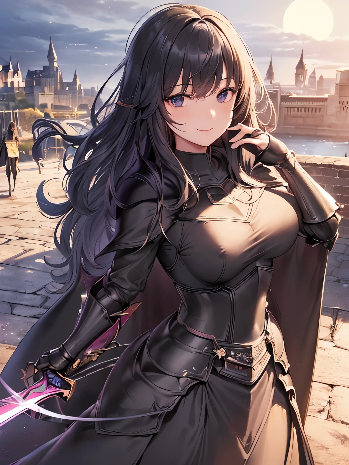 ((masterpiece, Best Quality)), ((hight resolution)), (photos realistic), Best Shadow, high detailing, Very detailed, (nice hand, Perfect hands), (Face Focus:1.2), ((1 girl)), Beautiful Girl, 25 years old, (black long Hair:1.5), (normal breasts:1.3), (view from front), (Very slender:1.3), (Cute face:1.3), (look at viewer:1.4), detailed facial features,droopy eyes, Crisp focus, perfect beautiful body and face, Perfectly focused, Long bangs, (in the castle:1.4), (enchanting smile:1.5), ((fantasy)), (black eyes), ((waist-cape black armor:1.5)), standing, ((sword:1.3)), crescent moon, black helmet