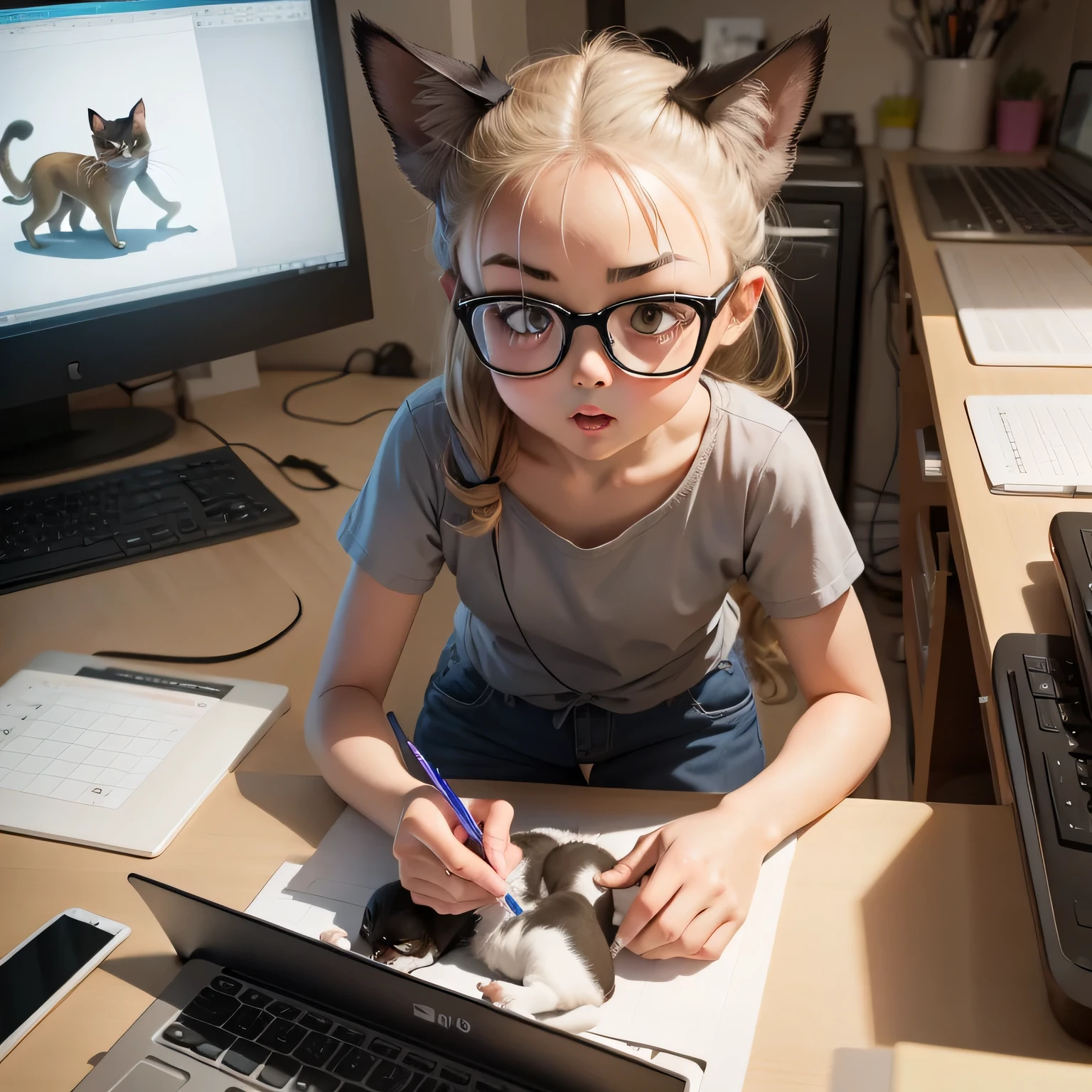 Create a carton-style picture of a Siamese cat playing on your computer, in a spatial context, corded