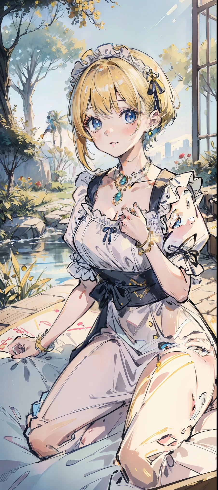 sketch style, prank drawing、Maid clothes. she has a beautiful face and a bright personality、sparkling eyes. I see a magical light shining around her.、Detail view. bright colors. High resolution、yellow hair、jewelry necklace、short hair