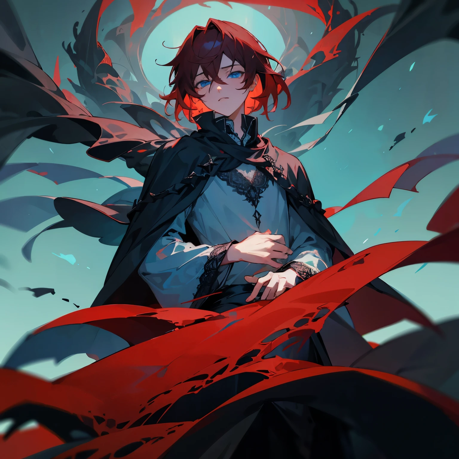 A boy with dark red hair and light blue eyes. Wearing a black cloak with a white lace shirt underneath. Give him a neutral expression