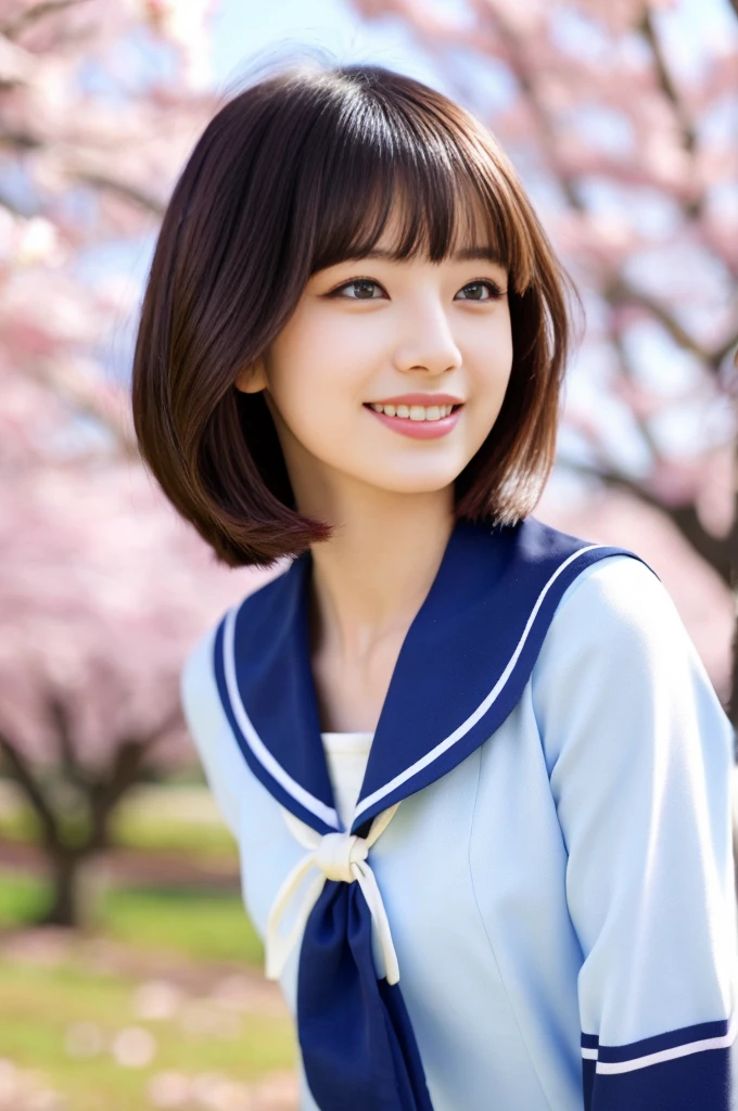 (highest quality、High resolution 4K、)、beautiful girl、1 female、(brain out、attractive body:1.2)、abs:1.1、black hair:1.1、(body:1.2)、super detailed face、lip details、detailed eye、double eyelid、Super realistic and detailed Japanese school girl wears sailor suit and white skirt、Japan girls、10th generation(Female 16 years old)、Super realistic and detailed background of park、The cherry blossom tree is in full bloom、color々hairstyle、Smiling with a nice smile、The wind is blowing and my hair is dancing、