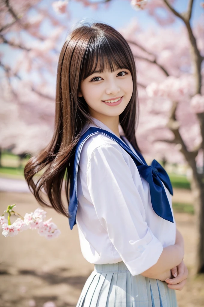 (highest quality、High resolution 4K、)、beautiful girl、1 female、(brain out、attractive body:1.2)、abs:1.1、black hair:1.1、(body:1.2)、super detailed face、lip details、detailed eye、double eyelid、Super realistic and detailed Japanese school girl wears sailor suit and white skirt、Japan girls、10th generation(Female )、Super realistic and detailed background of park、The cherry blossom tree is in full bloom、color々hairstyle、Smiling with a nice smile、The wind is blowing and my hair is dancing、