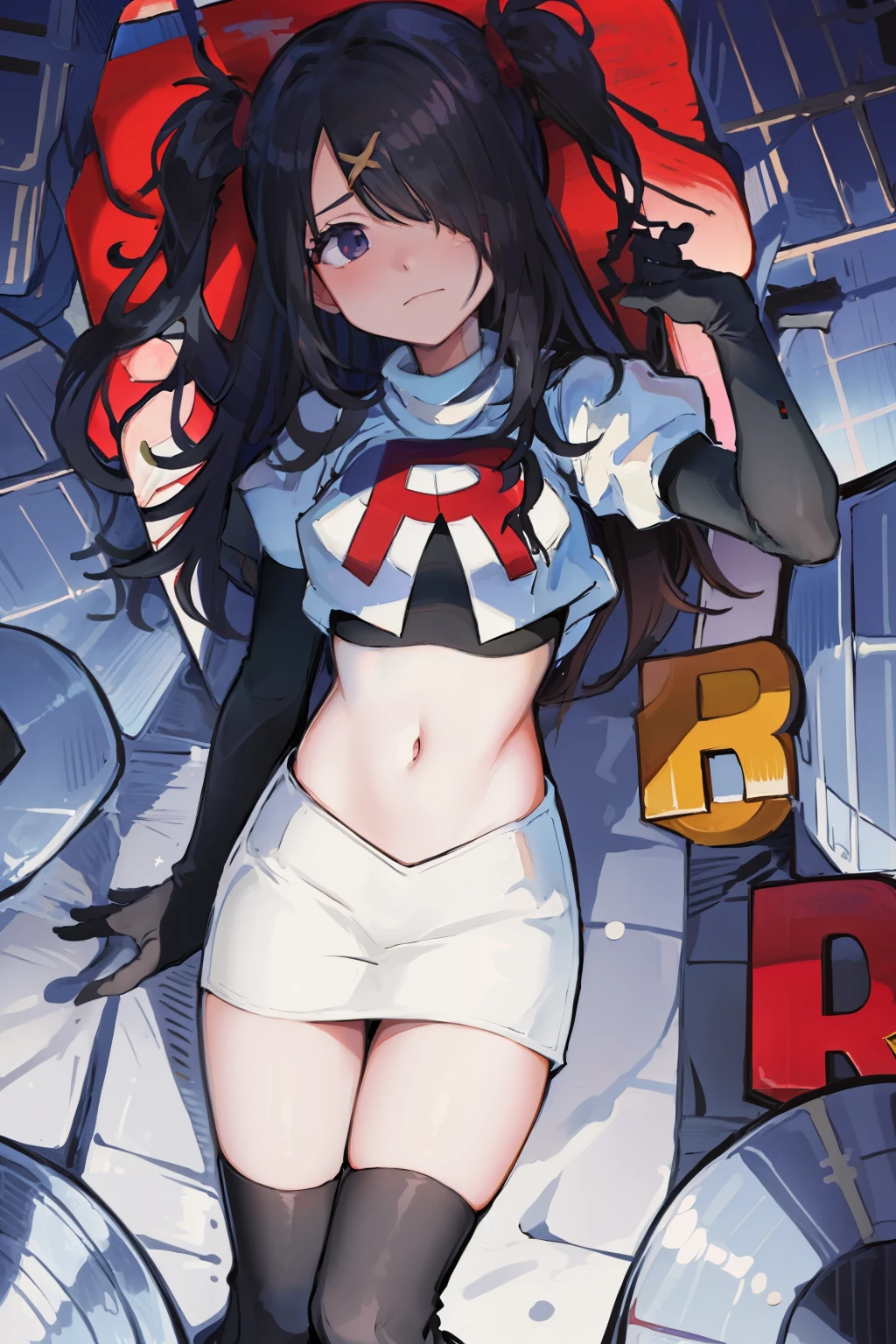masterpiece, best quality, absurdres, 1girl, ame-chan, depressed, bags under eyes, team rocket,team rocket uniform,white skirt,red letter R,crop top,black thigh-highs,black elbow gloves