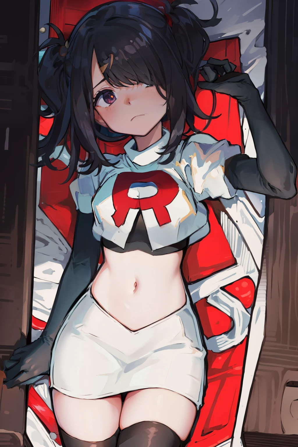 masterpiece, best quality, absurdres, 1girl, ame-chan, depressed, bags under eyes, team rocket,team rocket uniform,white skirt,red letter R,crop top,black thigh-highs,black elbow gloves