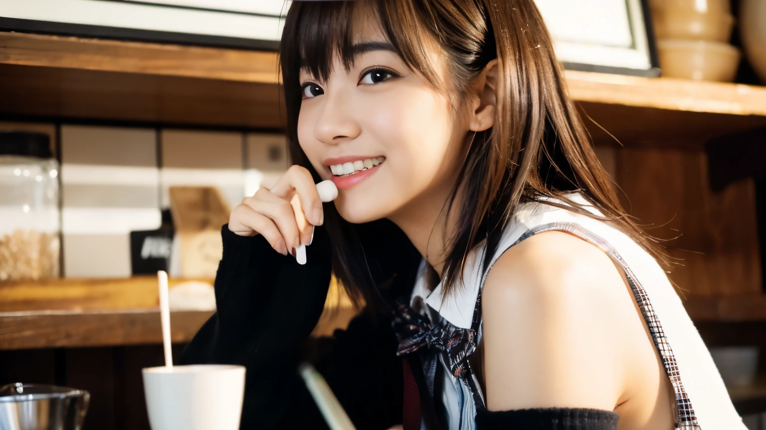 (highest quality、In 8K、32K、masterpiece、nffsw、超A high resolution、Impressionism、Photoreal:1.2)、cowboy shot、sharp focus、detailed face and eyes、(There is a plate of cake and coffee on the table, Cafe, sit at a mocha-colored table, dessert, ミニチュアCafeジオラマ, ダイナーCafe, at the coffee shop, 居心地の良いCafeの背景, enjoying coffee at a coffee shop, Cafeに座っている, Taken with Sony Alpha 1 camera, by Maki Haku)、sharp pupils、beautiful face、20 year old beautiful girl、shiny skin、medium short、beautiful dark brown hair、dull bangs、shirt、tie、plaid mini skirt、black socks、(Smile:1.2)、ニューヨークの明るく活気あるCafeの中で、A scene in which a beautiful model-like woman is immersed in reading..。she is a japanese university student、茶髪のmedium shortヘアをしており、It stands out for its beauty。Female college student、he was concentrating on the book on the table in front of her.、everything around you, I see other customers enjoying themselves.。Cafeの奥では、Staff are busy working at the counter.、都市のCafe特有のにぎわいと温かみが感じられる。This scene is、静かな読書タイムを楽しむFemale college studentの穏やかな美しさ.、Cafeの活気ある日常生活が融合した瞬間を捉えています。