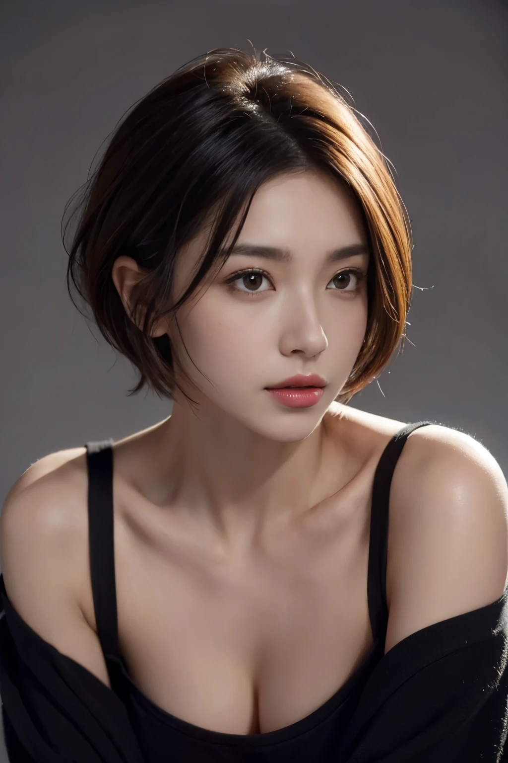 Tight black top:1.2, looking at the audience, light, perfect, soft light, High resolution skin:1.2, Realistic skin texture, 30 years old adult、small face、No makeup、, Off the shoulders,Bust B cup、 Naked trench, red eyes, short hair, dark brown hair,gray background、