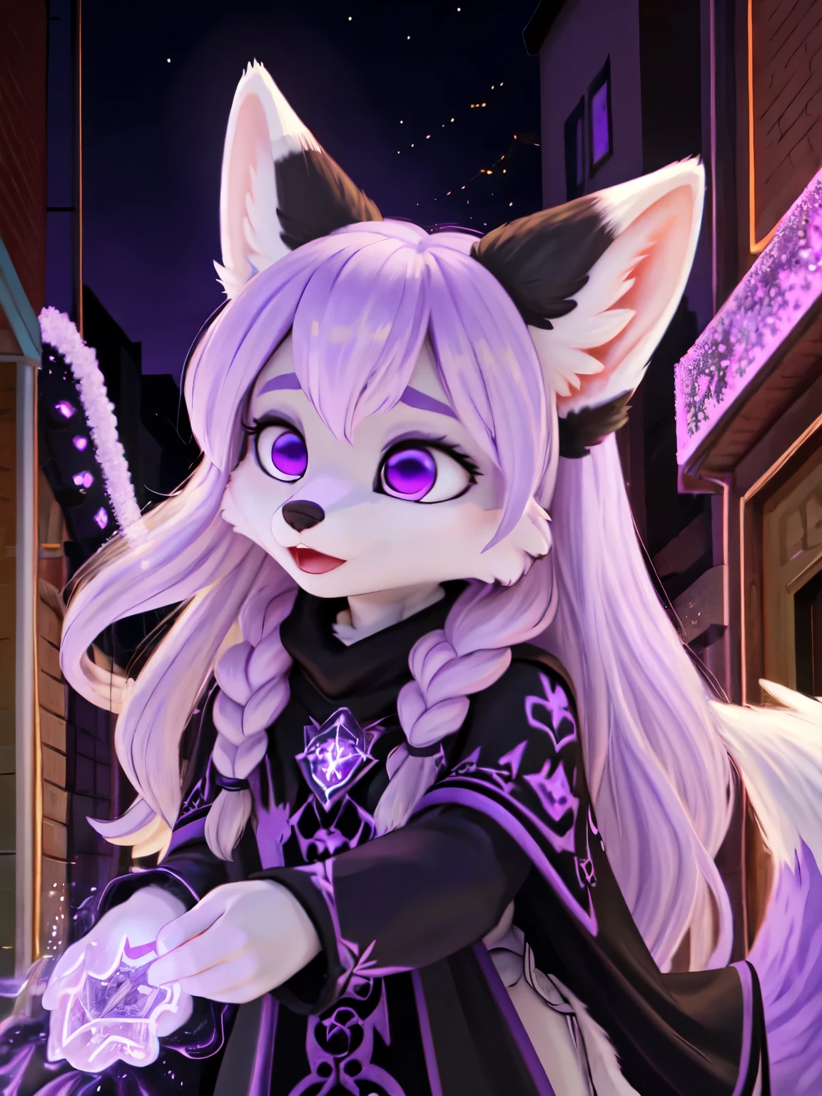 (A young white female fox furry), white fur,lilac long hair, violet laminating eyes, black fur on ears, octaheadron violet crystal on neck,black poncho,magic, warlock,dynamic, in downtown