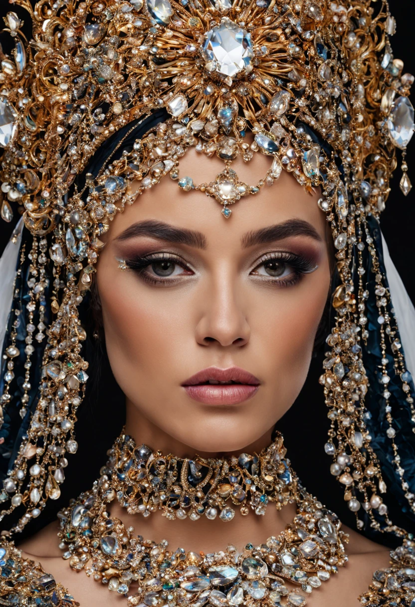 a close up of a woman wearing a headdress with a large jeweled crown, jeweled headdress, covered in jewels, encrusted with jewels, karol bak uhd, ornate headpiece, his head covered in jewels, jeweled crown, elaborate ornate head piece, ornate turban, bejewelled and encrusted royalty