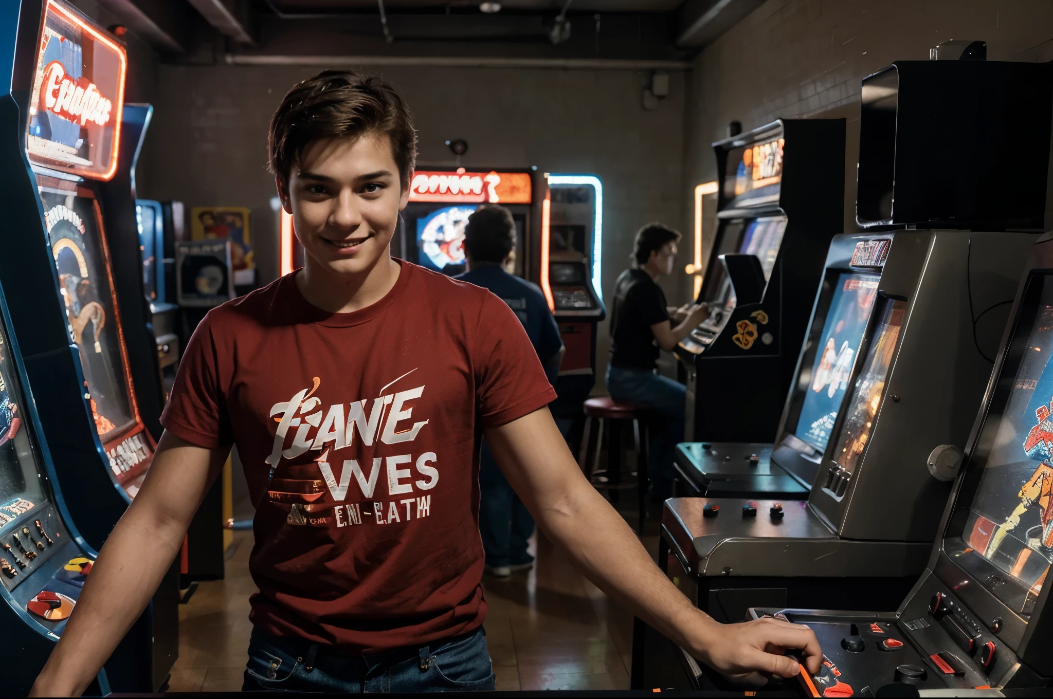 A high quality photo of a  boy enthusiastically playing an arcade machine. The boy has a concentrated expression, stares at the arcade machine, wearing red t-shirt and jeans. The background is a dimly lit game room, full of various arcade machines, flashing lights and people in the distance. The overall ambiance of the photo is cinematic and nostalgic, evoking a sense of 80s excitement and joy, foto, cinematic