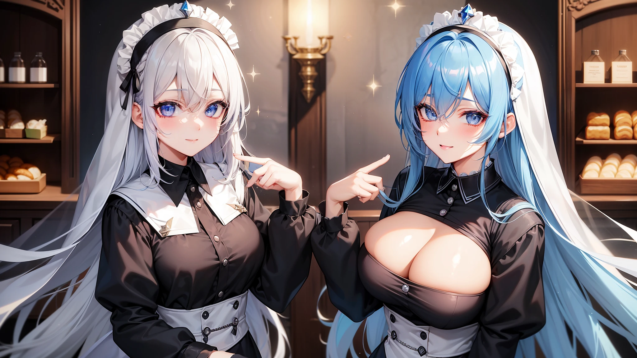 best quality, masterpiece, ultra high quality, (kpop idol), blue gem eyes, heart eyes, dark hair, (platinum blue hair :1), lewd, (lactating: 0.2), (blushing: 1), nun, black veil, kindness, lovely, cute, generous, bread, bread store, food, delicious, sparkling, big smile@RMLs