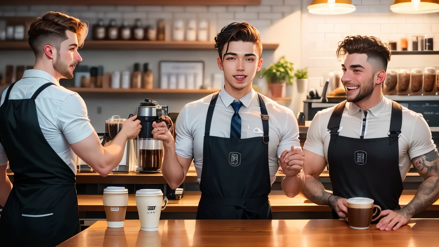 5men, five men, five men stay together, detailed faces, good mood, 23 y.o., european men, muscular men, wearing a short-sleeved white shirt and tie, coffee shop, best quality, espresso machine, there are 4 men standing behind a counter in a coffee shop, assize baristas, celebration of coffee products, small hipster coffee shop, white rock table, behind a counter, la marzocco linea machine, black apron, coffee shop name MYATA, photo like album cover, loft interior, 8K UHD, DSLR, Filmkorn, Fujifilm XT3, professional commercial vibe