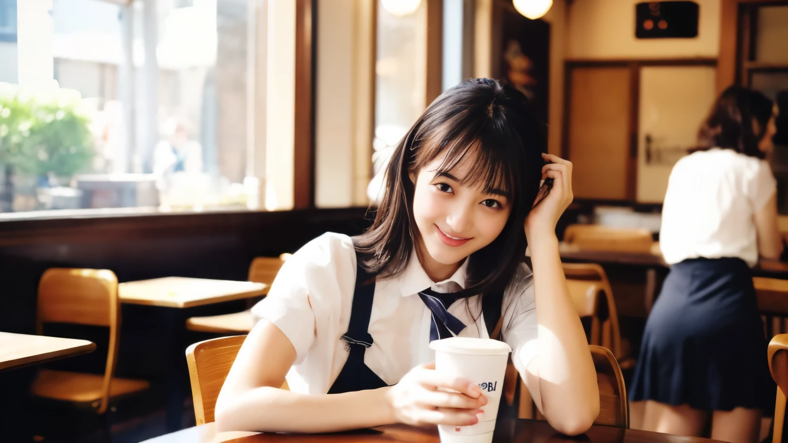 (highest quality、In 8K、32K、masterpiece、nffsw、超A high resolution、Impressionism、Photoreal:1.2)、cowboy shot、sharp focus、detailed face and eyes、(There is a plate of cake and coffee on the table, Cafe, sit at a mocha-colored table, dessert, ミニチュアCafeジオラマ, ダイナーCafe, at the coffee shop, 居心地の良いCafeの背景, enjoying coffee at a coffee shop, Cafeに座っている, Taken with Sony Alpha 1 camera, by Maki Haku)、sharp pupils、beautiful face、20 year old beautiful girl、shiny skin、medium short、beautiful dark brown hair、dull bangs、shirt、tie、plaid mini skirt、black socks、(Smile:1.2)、ニューヨークの明るく活気あるCafeの中で、A scene in which a beautiful model-like woman is immersed in reading..。she is a japanese university student、茶髪のmedium shortヘアをしており、It stands out for its beauty。Female college student、he was concentrating on the book on the table in front of her.、everything around you, I see other customers enjoying themselves.。Cafeの奥では、Staff are busy working at the counter.、都市のCafe特有のにぎわいと温かみが感じられる。This scene is、静かな読書タイムを楽しむFemale college studentの穏やかな美しさ.、Cafeの活気ある日常生活が融合した瞬間を捉えています。