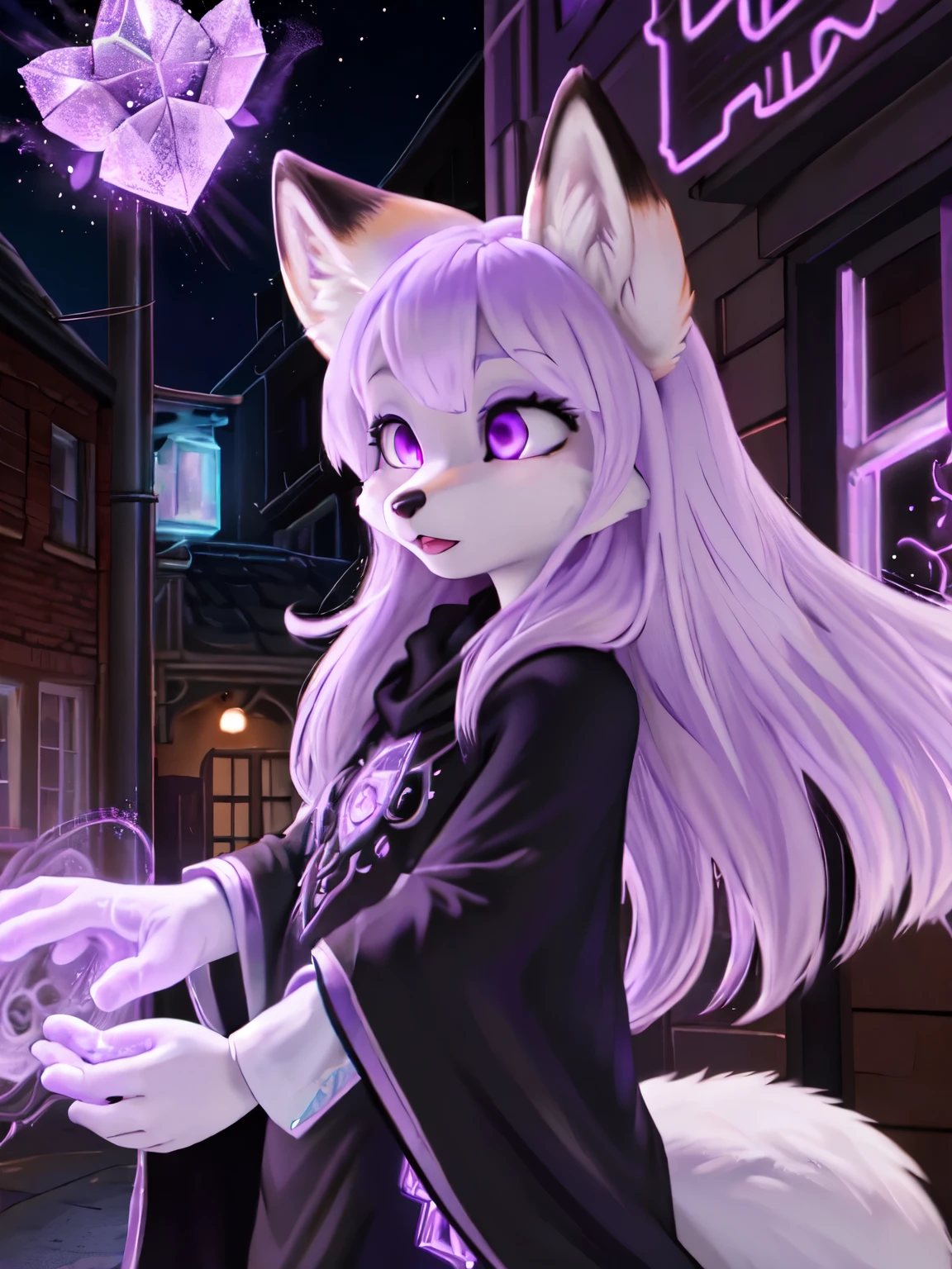 (A young white female fox furry), white fur,lilac long hair, violet eyes, black fur on ears, octaheadron violet crystal on neck,black poncho,magic, warlock,dynamic, in downtown