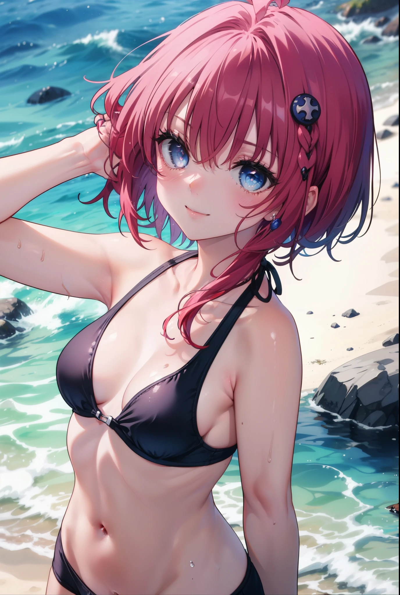 (masterpiece, highest quality:1.2),figure,8k,hd,kurosaki mea,cowboy shot,1 girl,length hair,whole body,Upper body,(portrait:1.2),Ahoge,smile,blue eyes,smile,belly button,long hair,purple eyes,Red hair,small breasts,bikini swimwear,string swimsuit,barefoot,beach,sandy beach,water play,(masterpiece:1.2), highest quality, High resolution, unity 8k wallpaper, (shape:0.8), (beautiful and detailed eyes:1.6), highly detailed face, perfect lighting, Very detailed CG, (perfect hands, perfect anatomy),