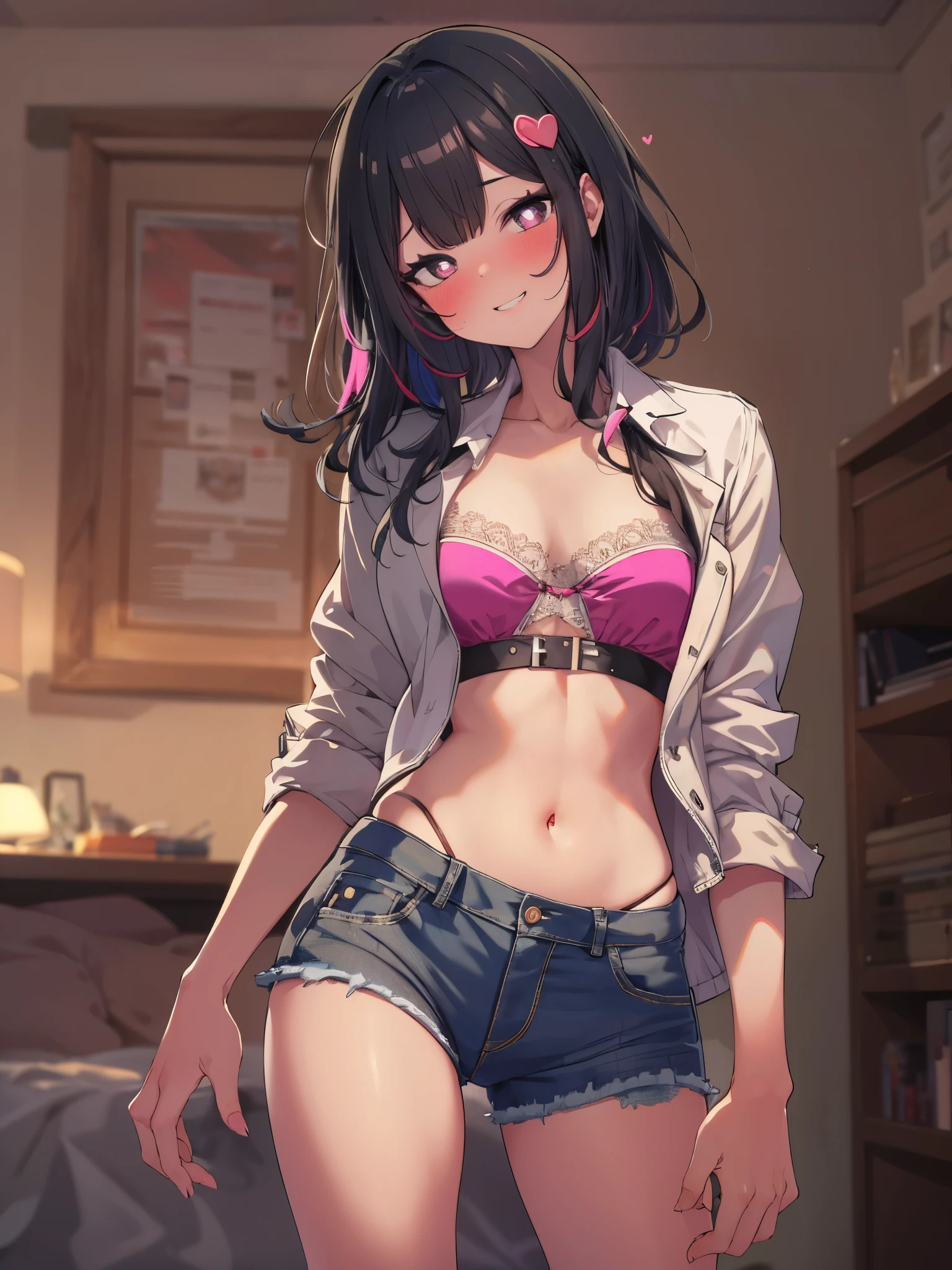 (cowboy shot), (best quality, ultra-high resolution, depth of field:1.2), adult, 1woman, toned body, medium breasts, wide hips, solo, black hair, streaked hair, short hair, bangs, cropped jacket, (black crop top), highleg, (highleg panty:1.2), highleg thong, (denim jeans:1.4), yandere, (blush:1.2), (shaded face:1.4), (grinning), (hands on own cheeks:1.4), looking at the viewer, upturned eyes, bright eyes, head tilt, side view, dim lighting, night, bedroom scenery, (blush:1.2), yandere, sadistic smile, glowing eyes, full-face blush, heart-shaped pupils,highleg panties