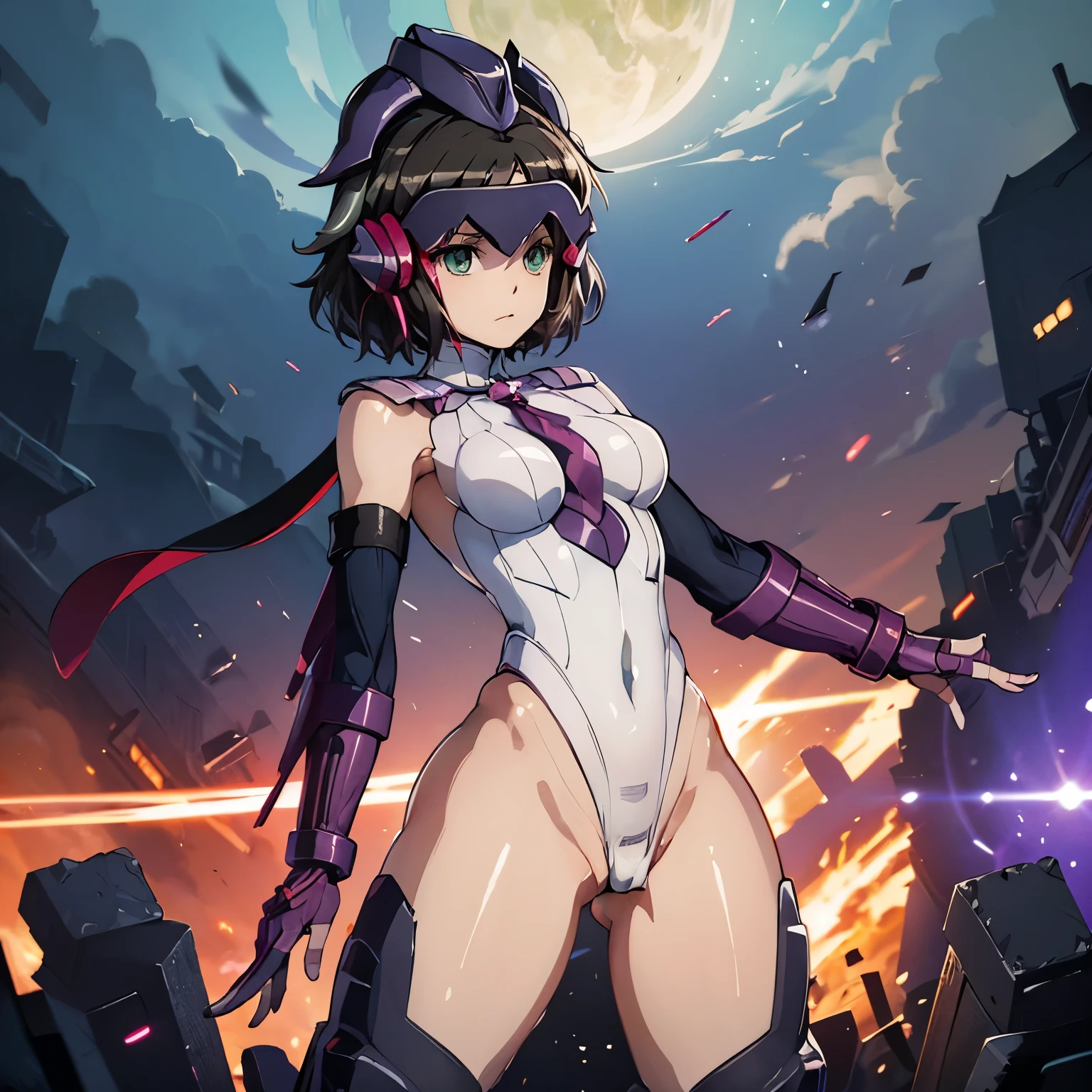 ultra-detailed, Explicit, Beautiful body, Beautiful Nose, Beautiful character design, perfect eyes, perfect face, ultra highres, 4K, beautiful legs, perfect legs, Nice hands, Perfect hand, Masterpiece, Best Quality, Highly detailed, illustration, absurdres, perfect anatomy, street fighter, doll suit, shadaloo doll, dollsuit, expressionless, blank eyes, looking at viewer, red gloves, emotionless, black latex, corrution, mind control, female combatant, full body, hypnotized, unhappy trance, full body suit, ribbed bodysuit, both arms at side, obey, perfect female body, extremely glossy latex, hypnosis, hypnoLora, empty eyes, Mind control device, poses, submissive_pose, Slave, standing straight, standing, standing at attention, hat, necktie, belt, latex, ribbed bodysuit, thighhighs, garter belt, Fighting Stance, extending the right arm from the shoulder into the air with a straightened hand, military, thigh boots, hair ornaments, black hair, short hair, green eyes, (((pixel-perfect, detail-perfect))), solo, 1girl, Kohinata Miku ShenShoujing, Senki Zesshou Symphogear, bangs, ribbon, hair_bow, hair_ribbon, mask, helmet, ,headgear view from back, looking from back, ass