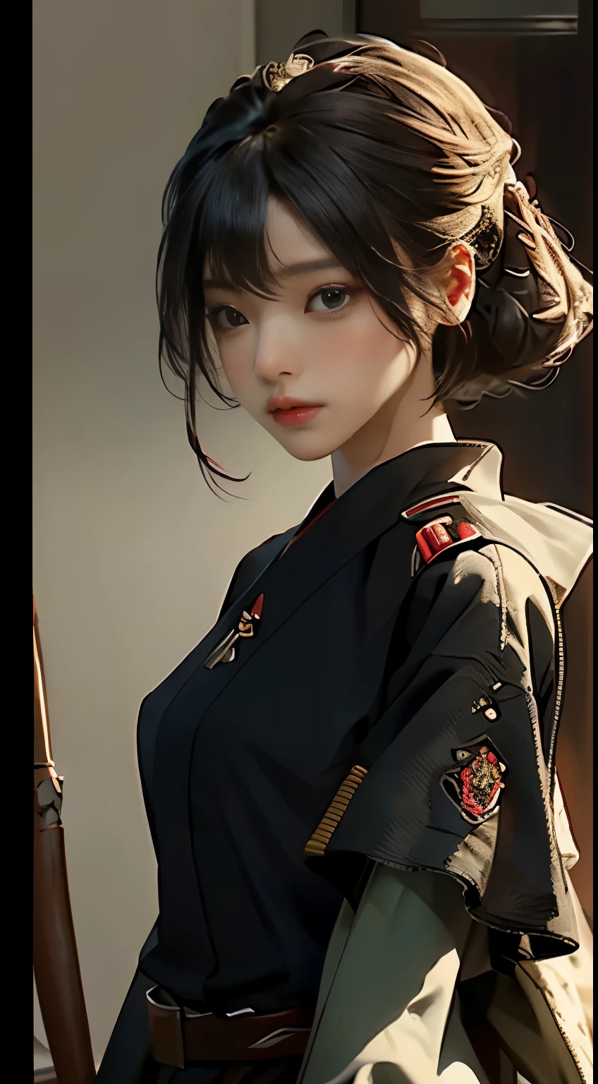 (masterpiece:1.2, best quality), Solo, 1 Lady named Yoru, Photorealistic rendering, Sci-fi film theme, Sci-fi elements, War scene, Upper body focus, Small but firm breasts, Intense gaze (brown eyes), Realistically detailed long black hair, Best Computer-Generated Imagery (CG), Wearing a German Red 2 World War general uniform, Military setting, Displaying the greatness of the army.