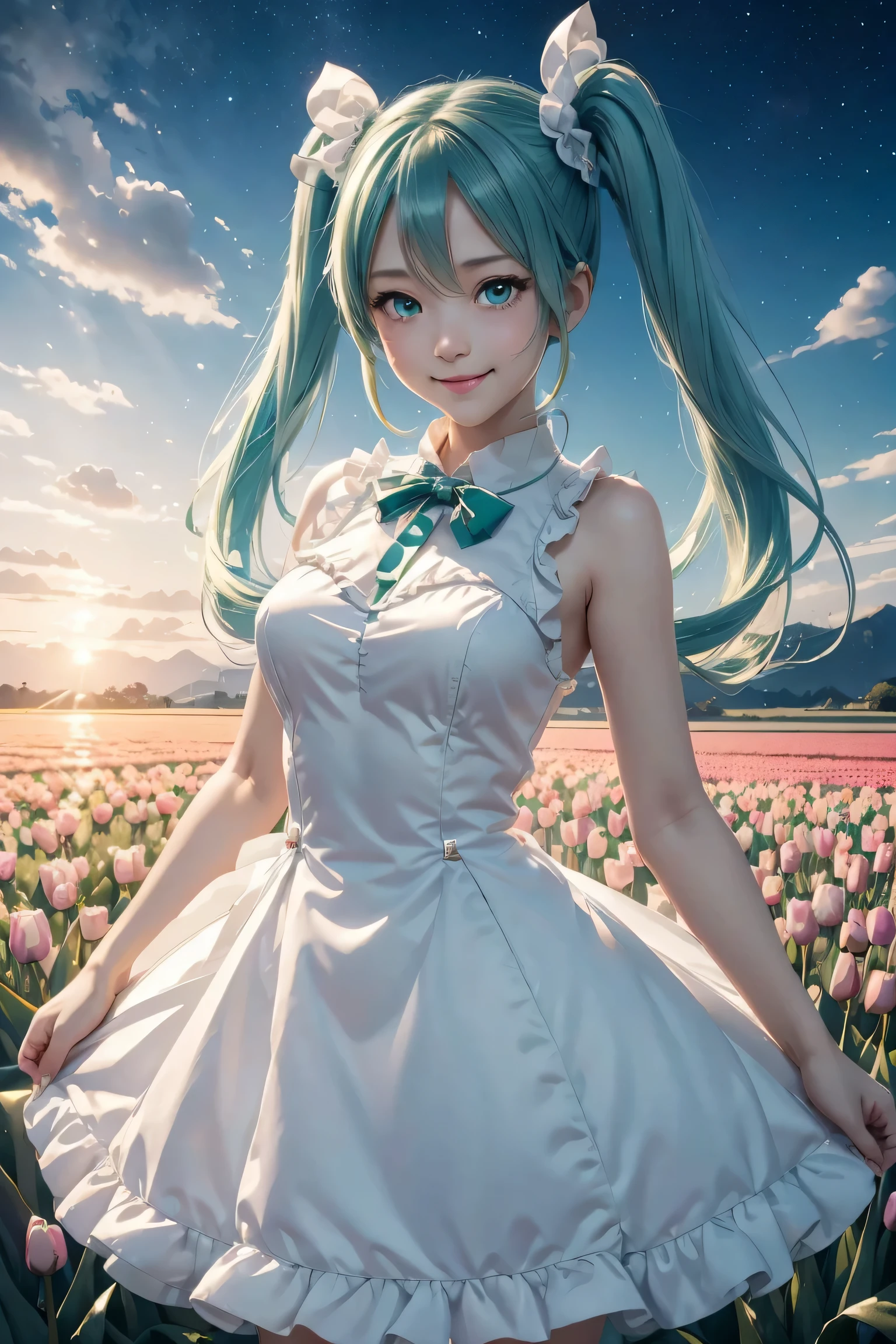 hatsune miku,twin tails,Beautiful emerald green eyes,white skin,hatsune miku costume,white ruffle dress,green ribbon around neck,super high quality,super high quality,masterpiece,digital single lens reflex,realistic,Detailed details,vivid details,depicted in detail,detailed face,Detailed details,Super detailed,realistic skin texture,based on anatomical basis,perfect anatomy,anatomically correct hand,anatomically correct fingers,Complex 3D rendering,sexy pose,beautiful tulip field,fantasy world view,Fantastic night view,fantastic night sky,beauty like a painting,Take a full body photo,nine-headed body,pink lip,Beautiful curly hair,emphasize the beautiful whole body,smile,