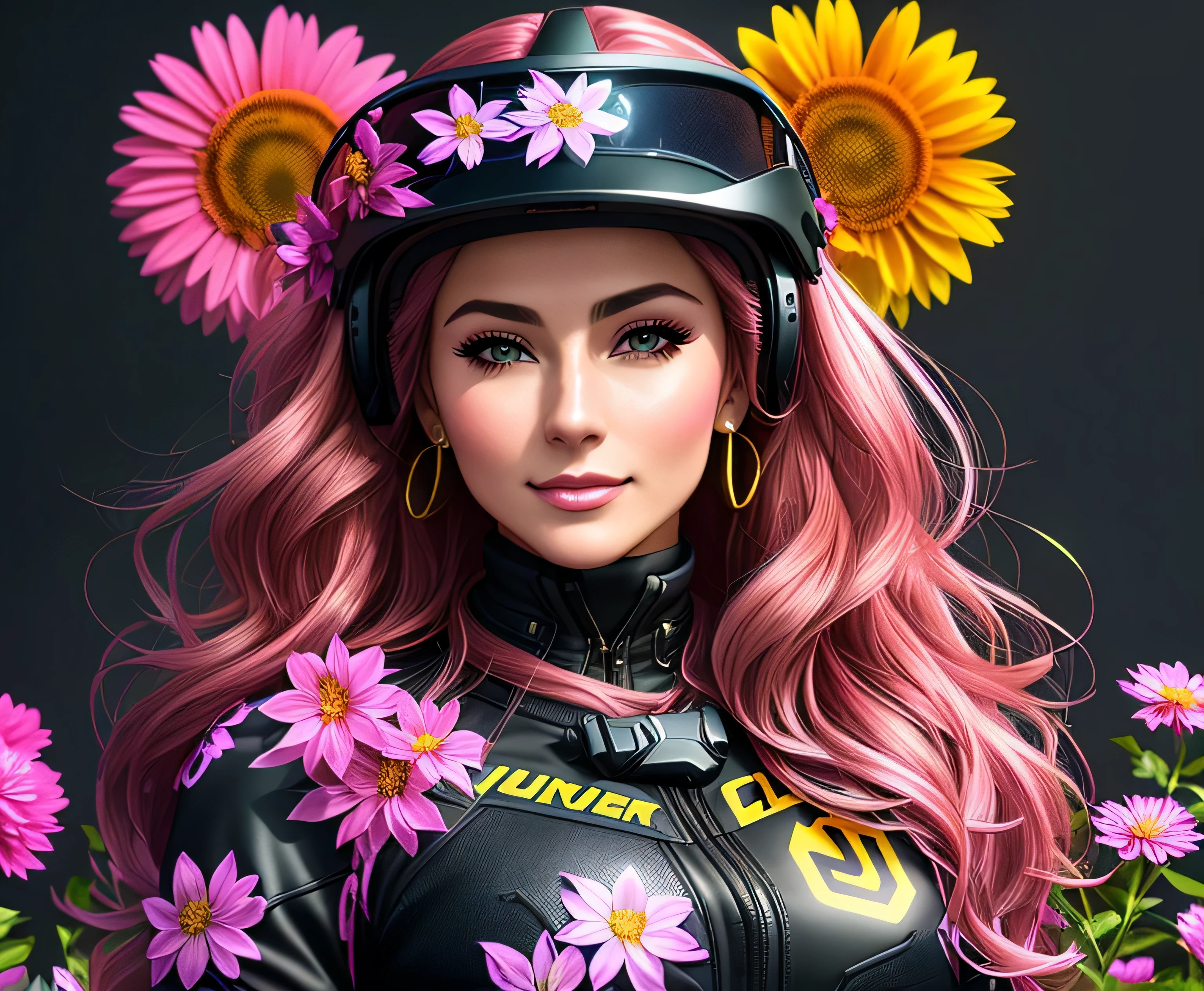 A imagem mostra uma mulher usando um capacete, sem oculos, posando para uma foto. She is surrounded by flowers in the background and has her hair down.. A mulher parece ser o foco principal da imagem, and your clothes and accessories are well coordinated, fundo preto, cores brilhantes, cores realistas, High definition, 3d rendering, tipografia, 8K, --v 5.2
