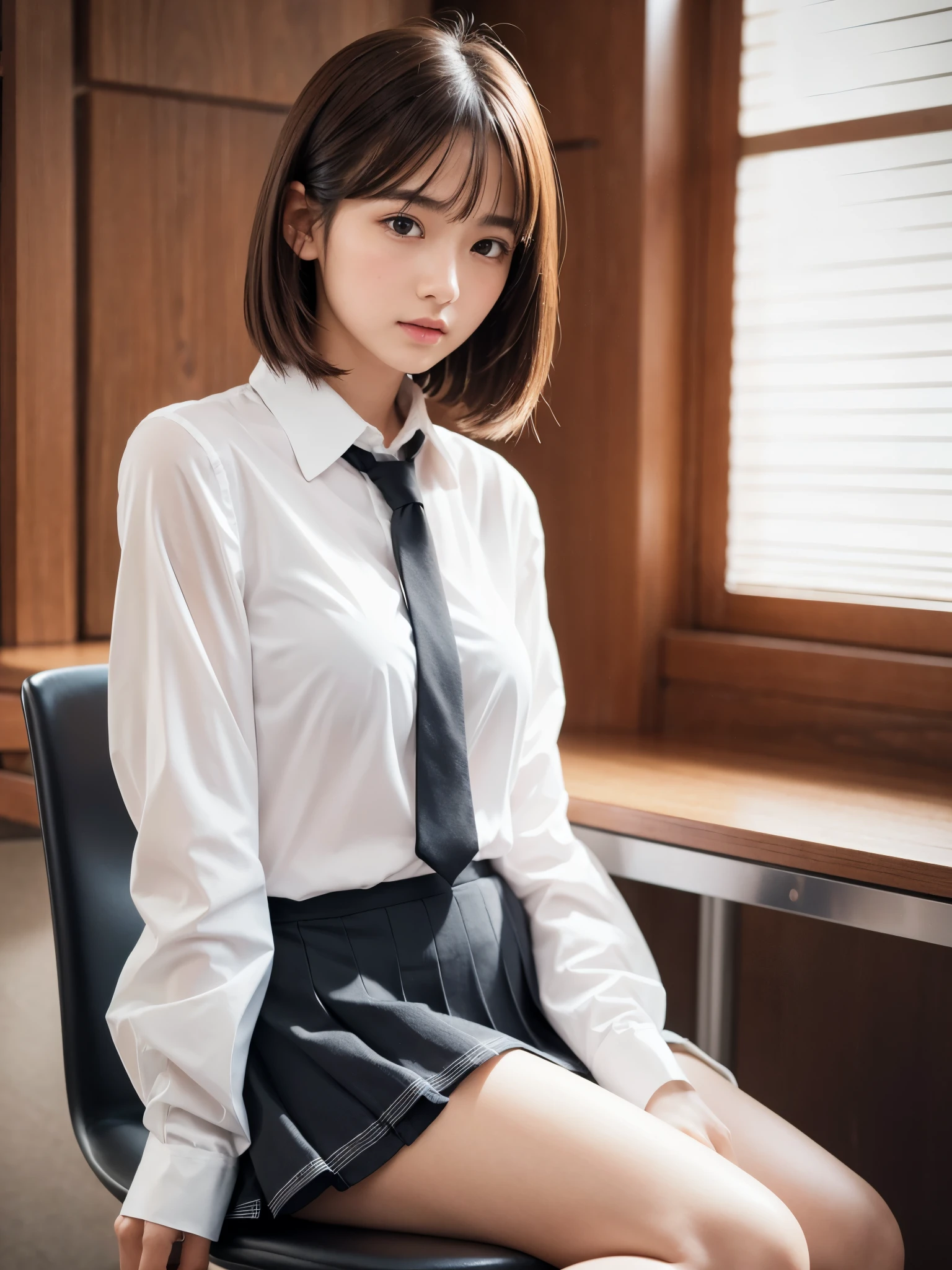 ((Best quality, 8k, Masterpiece: 1.3, raw photo)), Sharp focus: 1.2, (1 AESPA girl: 1.1), (realistic, photo-realistic:1.37), face focus, cute face, small breasts, flat chest, brunette short messy hair, sitting, white shirt, skirt, classroom, books, sunlight, cinematic lighting, from below