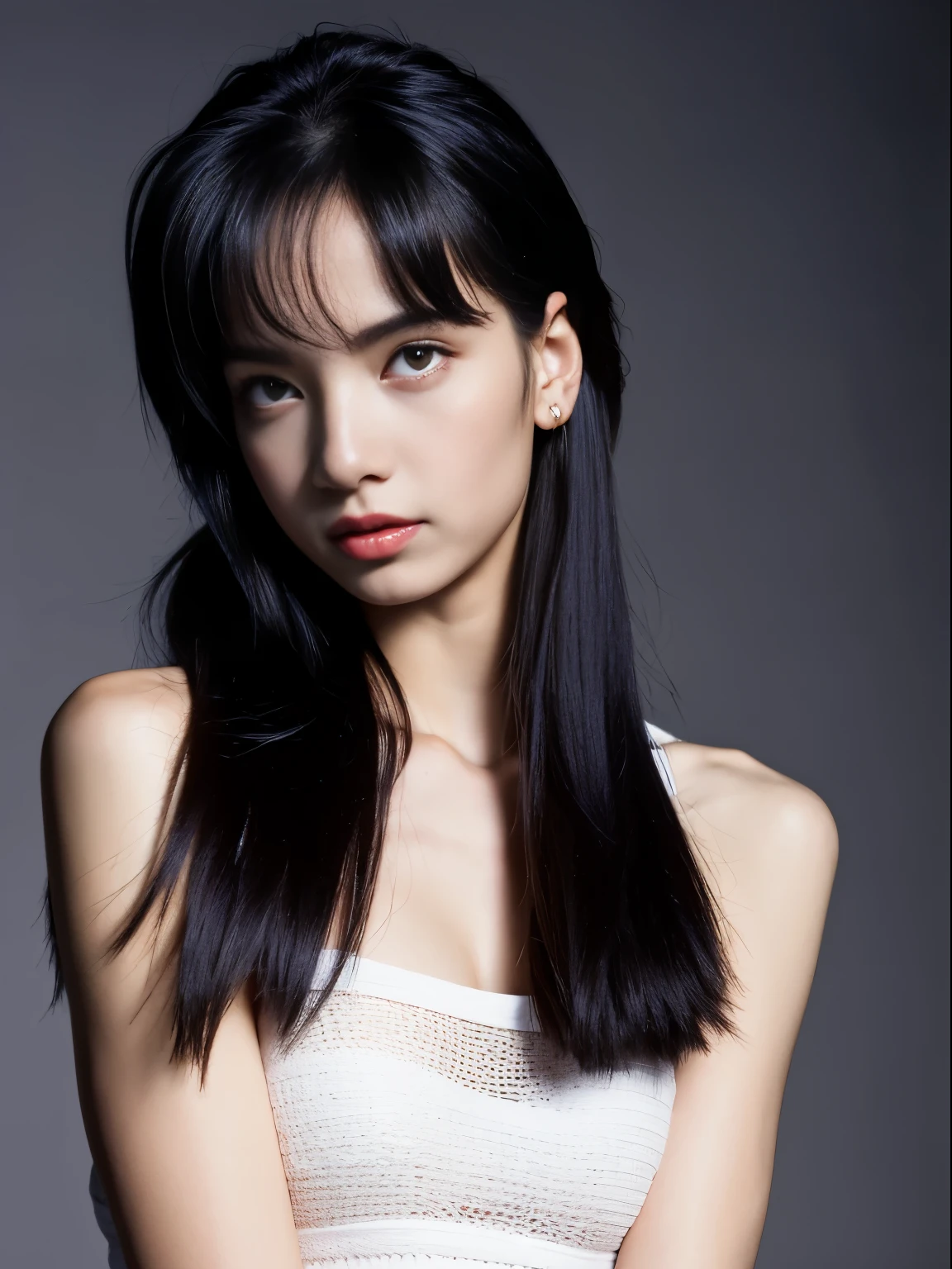 Lisa light long hair, Lisa face shape, black vest, Sexy, Naked waist, bare shoulders, black yoga pants, long legs, background gray, masterpiece, superlative, actual, HD, photography lighting, 16k