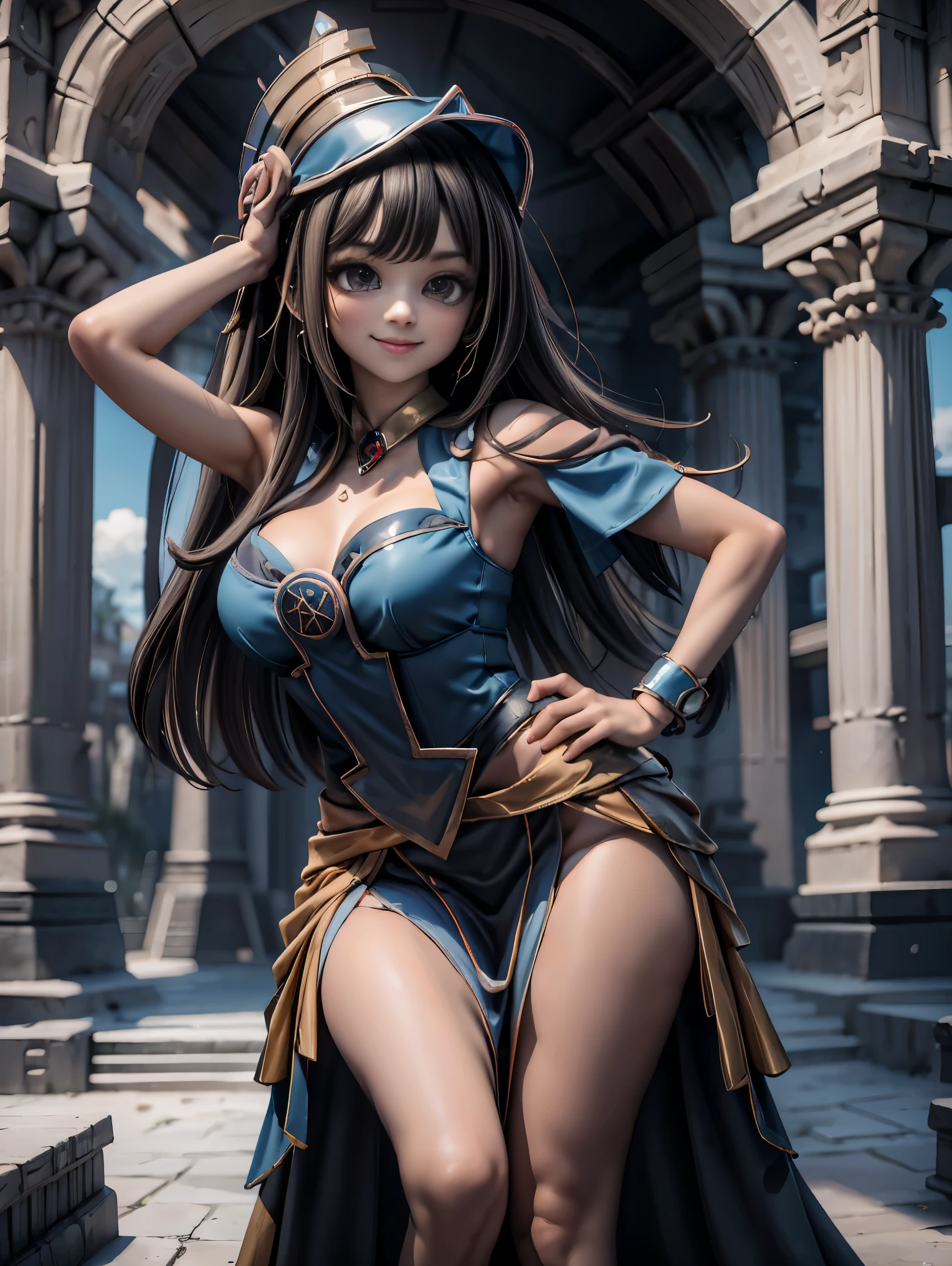 Dark magician gils en el aire, ella esta parada. Con traje maya. Plumas de colores, aretes, vestido Maya de reina. Sonrisa en sus labios. Ojos celestes. Cabello dorado. Pose sensual. Levitando en una pie. Fondo de ruinas mayas 