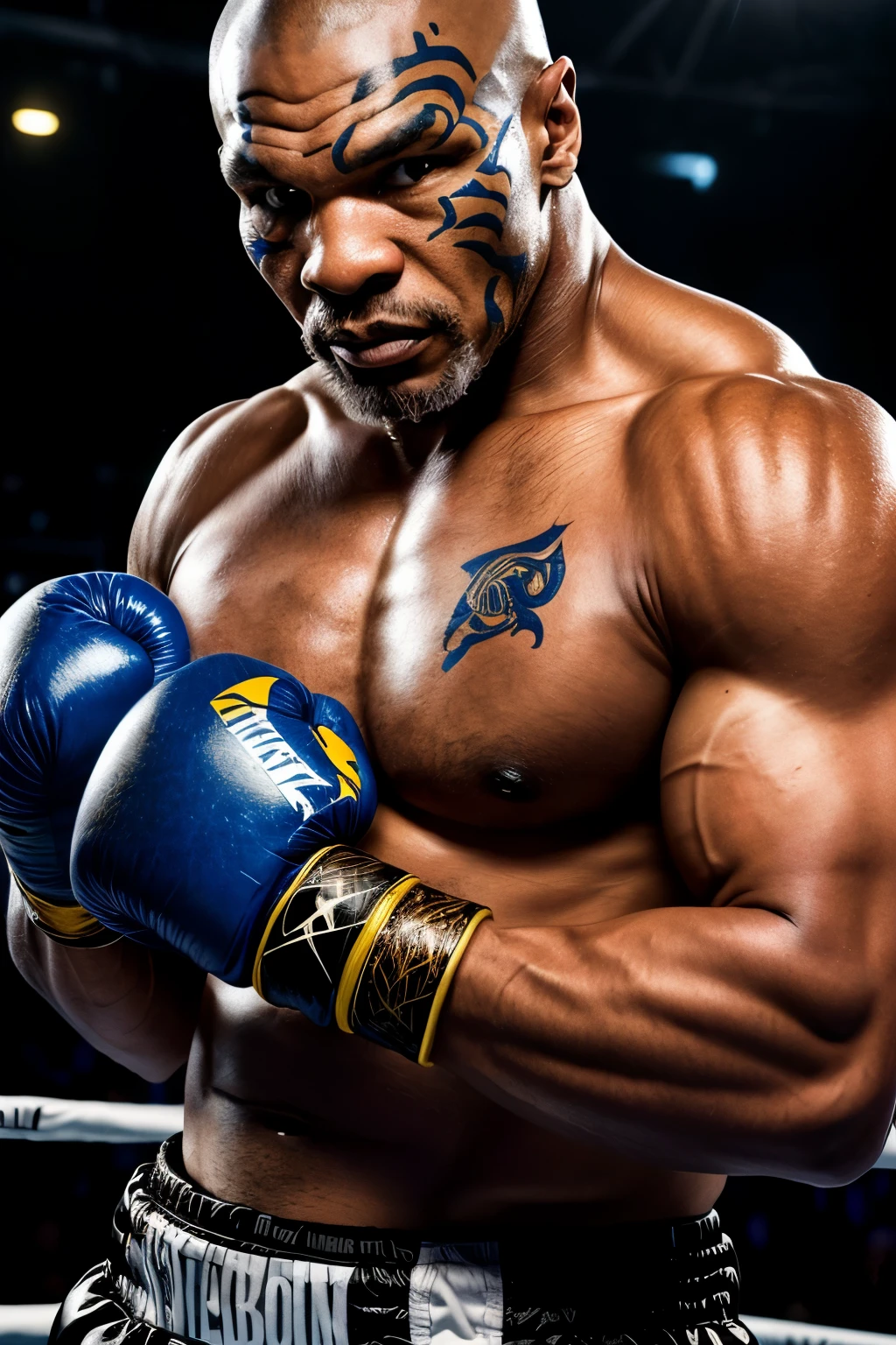 (RAW style, masterpiece, best quality, ultra-detailed), Mike Tyson, realistic portraiture, aspect ratio 16:9, (intense gaze : 1.2), muscular build, boxing gloves, intense expression, intricately detailed facial features, hyperrealistic textures, high contrast shadows, sharp focus, cinematic lighting, (intense and vivid colors), (striking and dynamic), (ultra high resolution: 1.1), (detailed and lifelike), (cinematic and engaging), (authentic and captivating).