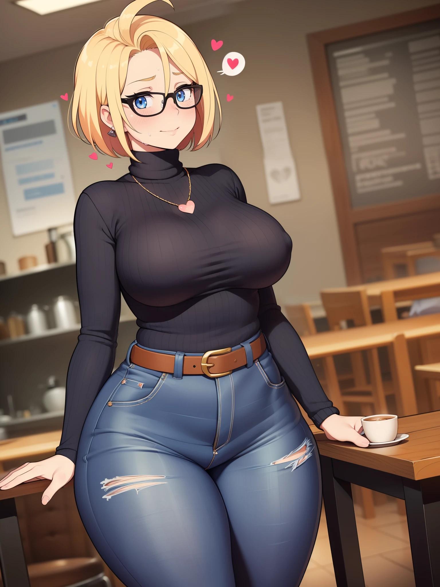 ((Masterpiece)), perfect anatomy, perfect shading, field of depth, (best quality), extremely delicate and beautiful, perfect lighting, detailed face, ultra cute face, cute, (cowboy shot 1.2), (((1girl))), ((solo)), looking at viewer,

short hair, fluffy hair, blonde hair, blue eyes, Glasses, ((Blush)), affectonte smile, shy, sweating, in love, (black turtleneck sweater 1.5), (jeans 1.2), belt, extremely tight clothes, large breasts, ((wide hips)), (((thick thighs))), curvy, 

coffee shop, leaning on table, intricate background, detailed background, (spoken heart),