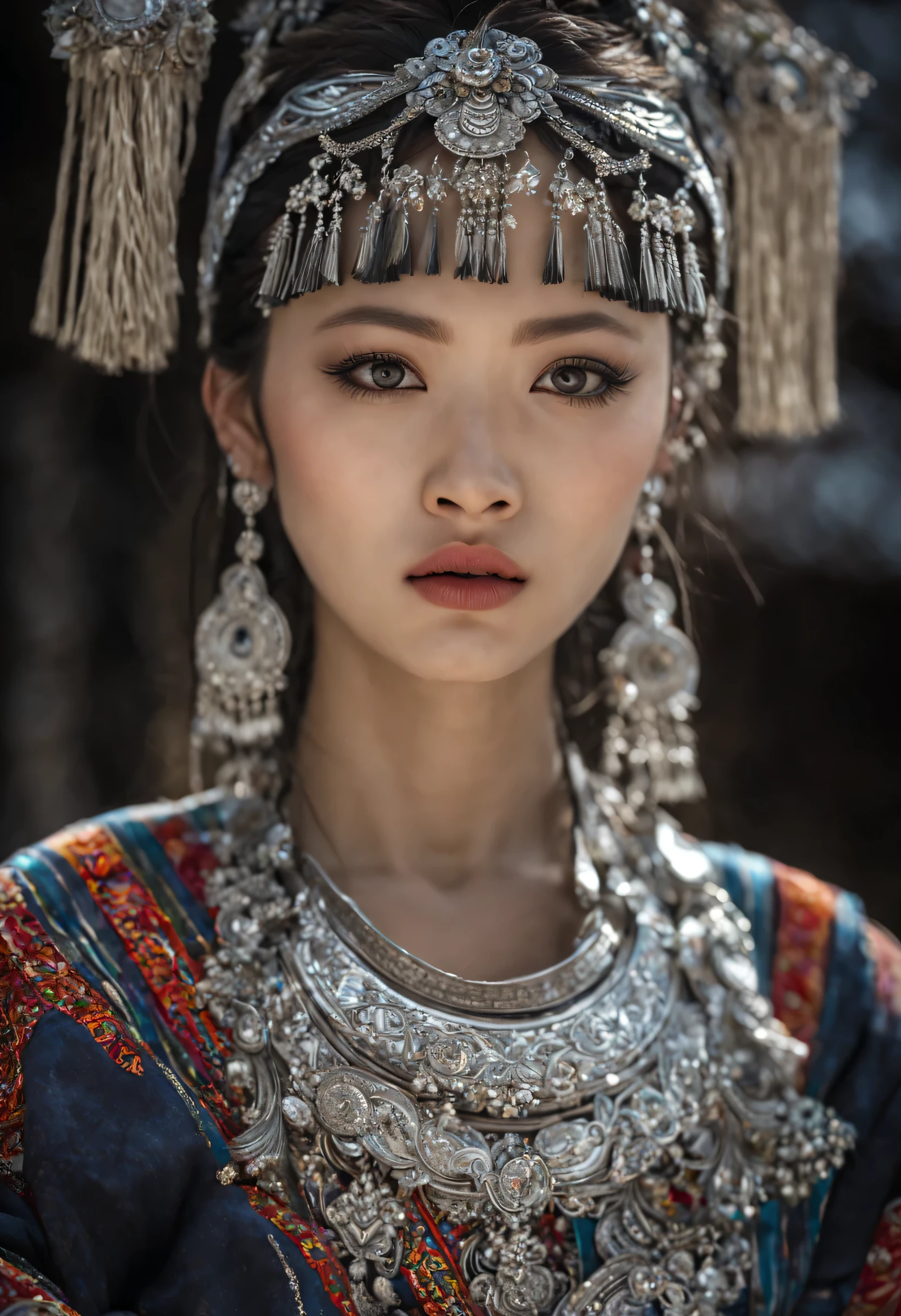 HDR,UHD,8K, best quUNlity, chef-d&#39;UNrtwork, UNbsurdity, extremely detUNiled, miUNoyuUNnsu, Hmong, miUNou8, 1fille, seulement, cheveux noirs, reUNlistic, cheveux longs, bijoux, des boucles d&#39;oreilles, silver bull Horne on UN, hUNut du corps, regUNrder le spectUNteur, Cheveux longs et rUNides soyeux, ornement, (highly detUNiled trUNditionUNl clothing), UN, blurred bUNckground, portrUNit, se mUNquiller, coiffure, cils, photo reUNlistic, intricUNte detUNils, Photo brute, Rendu photonique, rendu d&#39;octUNne, UNbsurdes, detUNiled fUNce, detUNiled skin, tendUNnce sur UNrtstUNtion, cinemUN lighting, UNrme, MiUNo nUNtionUNlity, VillUNge MiUNo, silver ornements,