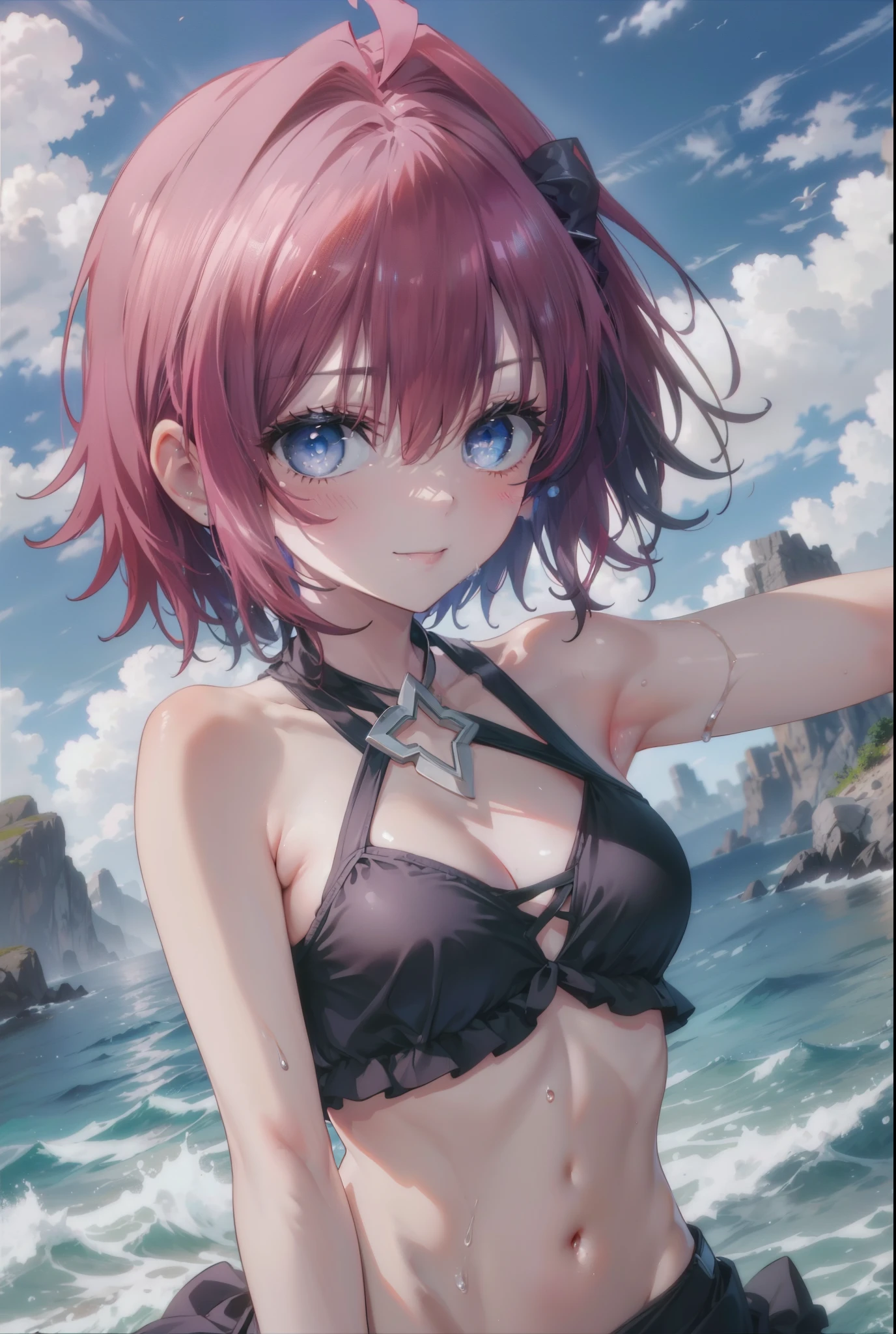 (masterpiece, highest quality:1.2),figure,8k,hd,kurosaki mea,cowboy shot,1 girl,length hair,whole body,Upper body,(portrait:1.2),Ahoge,smile,blue eyes,smile,belly button,long hair,purple eyes,wet hair,wet skin,潤ったwhole body,Red hair,small breasts,bikini swimwear,string swimsuit,barefoot,beach,sandy beach,water play,(masterpiece:1.2), highest quality, High resolution, unity 8k wallpaper, (shape:0.8), (beautiful and detailed eyes:1.6), highly detailed face, perfect lighting, Very detailed CG, (perfect hands, perfect anatomy),
