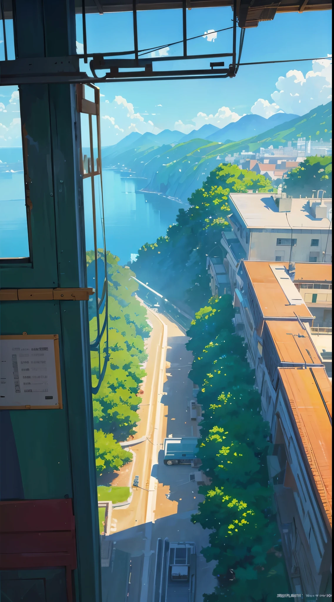 there is a painting，The painting shows a train on the tracks near the village, Medium shot. author：Hayao Miyazaki, Xin Haicheng工作室, Xin Haicheng的风格, ( ( Xin Haicheng著 ) ), Xin Haicheng, author：Hayao Miyazaki, makoto sinkai, Xin Haicheng著. High detail texture, studio ghibli stills