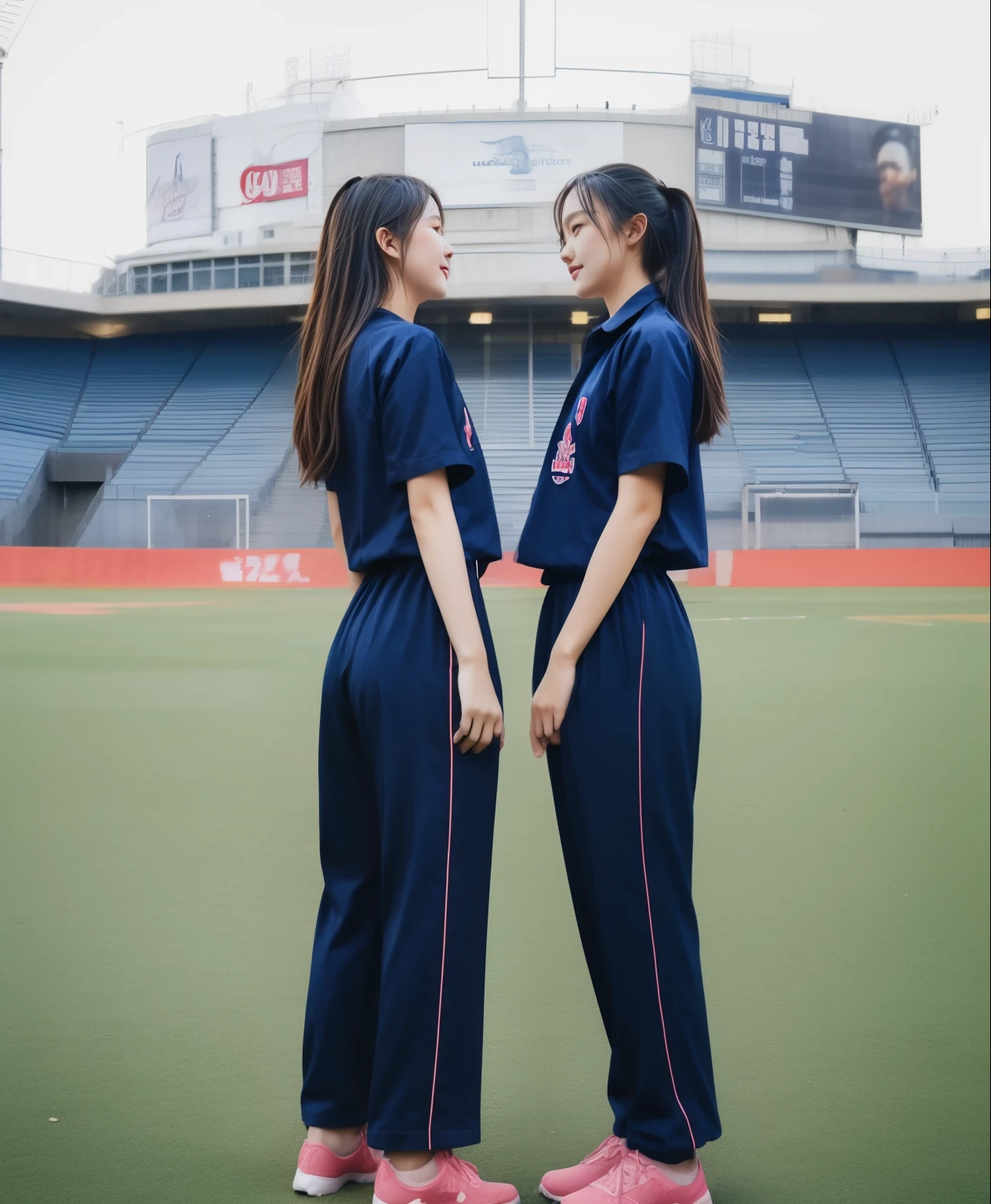 (best quality,10,10,height,Masterpiece:1.2),Special details,(realistic,ภาพrealistic,Realistic photos:1.37),1 cute girl on the football field,shiny, ผิวshiny,only,smile softly,BDclothelue shirt:1.3)),short sleeve,shirt, กางเกงขาlong.,(navy_long_track pants:1.1), ((stadium background:1.3)),Dynamic angle,excited,Face focus,dynamic poses,from behind,focus on ass,Masterpiece, best quality, ultra realistic, hyper-detail, 8K resolution, raw photos, Sharp focus, ((Navy blue shirt:1.1)), short sleeve, เส้นทางlong, perfect body, 2 mature women, 18 years old, Cinema-grade lighting system,blue sweatpants,shirtผ้าออกกำลังกาย,correct anatomy,perfect body, correct body, Sharp face, correct bodyทางกายวิภาค, full body, realistic gestures, long-haired, realistic poses,Wear long shorts................................,ช่วงขาlong,Good shape,carved girl, Slender figure, model, Good shape, beautiful body,blue sweatpants, two girls kissing