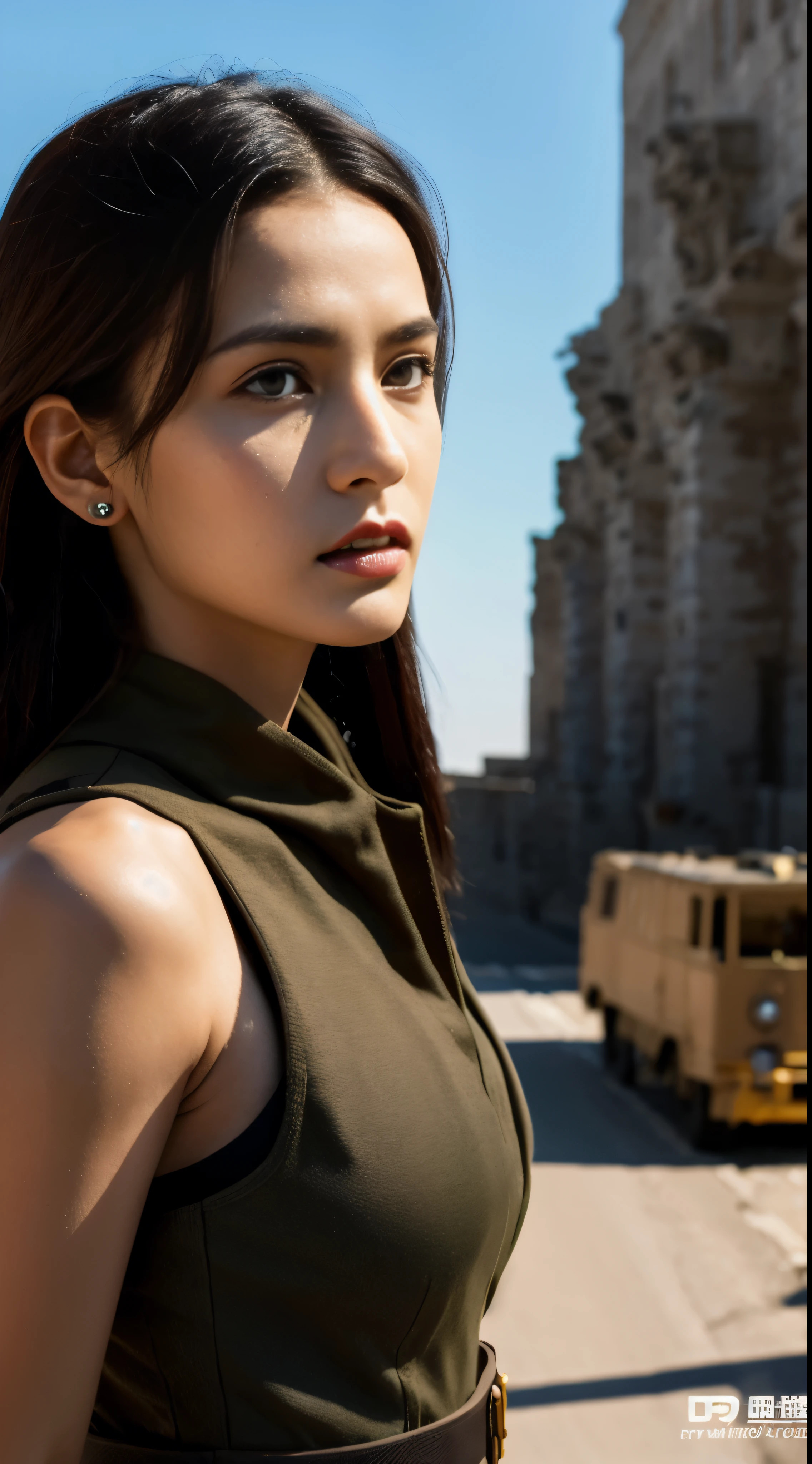 (masterpiece:1.2, best quality), Solo, 1 Lady named Yoru, Photorealistic rendering, Sci-fi film theme, Sci-fi elements, War scene, Upper body focus, Small but firm breasts, Intense gaze (brown eyes), Realistically detailed long black hair, Best Computer-Generated Imagery (CG), Wearing a German Red 2 World War general uniform, Military setting, Displaying the greatness of the army.