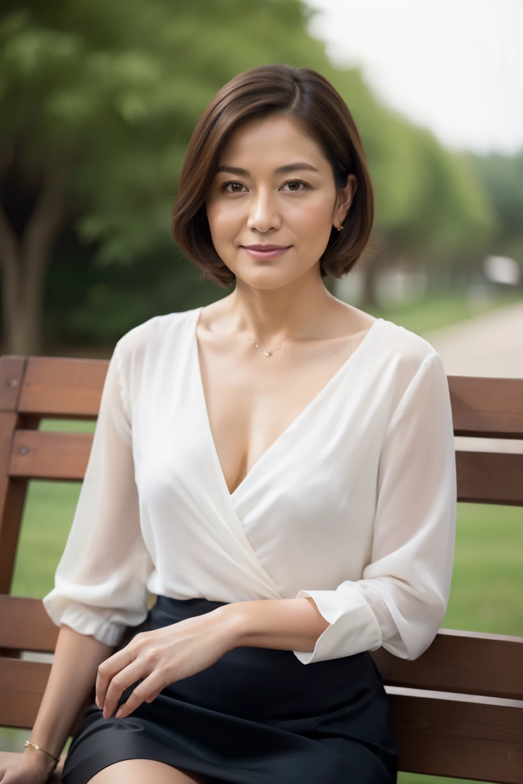 highest quality, masterpiece, High resolution, Photoreal, Raw photo, 8K wallpaper, very detailed, Depth of the bounds written, one beautiful woman, 40 years old, facing forward, sit on a park bench with good posture, sexy, detailed face, beautiful eyes, short hair, faint lips, ((look at the viewer)), slight smile, cleavage, sheer v neck dress, skirt