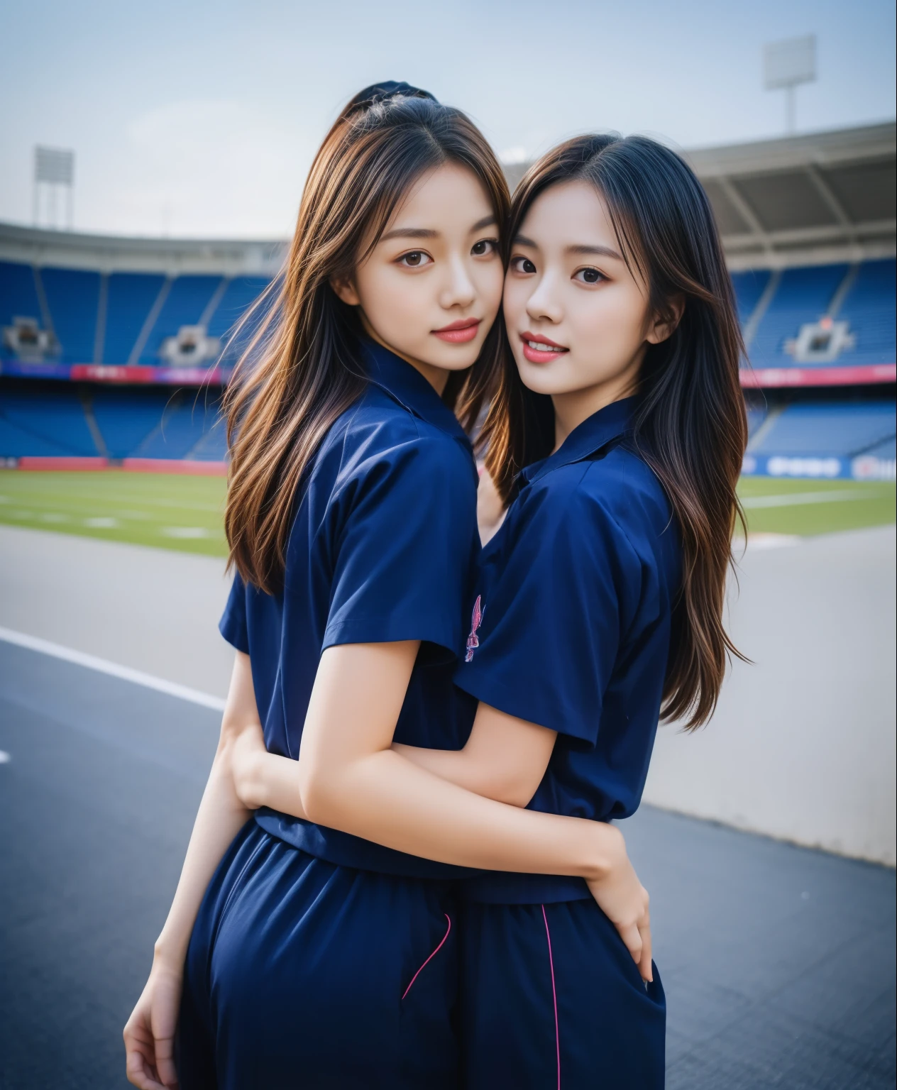 (best quality,10,10,height,Masterpiece:1.2),Special details,(realistic,ภาพrealistic,Realistic photos:1.37),1 cute girl on the football field,shiny, ผิวshiny,only,smile softly,BDclothelue shirt:1.3)),short sleeve,shirt, กางเกงขาlong.,(navy_long_track pants:1.1), ((stadium background:1.3)),Dynamic angle,excited,Face focus,dynamic poses,from behind,focus on ass,Masterpiece, best quality, ultra realistic, hyper-detail, 8K resolution, raw photos, Sharp focus, ((Navy blue shirt:1.1)), short sleeve, เส้นทางlong, perfect body, 2 mature women, 18 years old, Cinema-grade lighting system,blue sweatpants,shirtผ้าออกกำลังกาย,correct anatomy,perfect body, correct body, Sharp face, correct bodyทางกายวิภาค, full body, realistic gestures, long-haired, realistic poses,Wear long shorts................................,ช่วงขาlong,Good shape,carved girl, Slender figure, model, Good shape, beautiful body,blue sweatpants, two girls kissing
