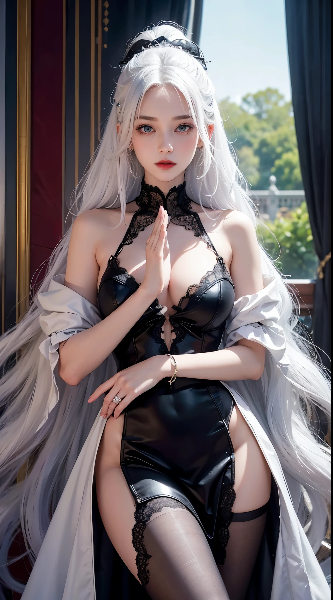 (((Colorful hair, [White hair]))), Ultra-realistic 8k CG, picture-perfect face, flawless perfection, Clean, tmasterpiece, professionalartwork, famousartwork, movie lighting, cinematicbloom, s the perfect face,(young:1.2),((20yr old)), pretty face, pretty eyes, (((Perfect female body, Willow waist))), Young princess, Royal, Holy, goddes, Holy, (royal palace), fanciful, It's like a dream, unreality, scientific fiction, (normal:1.2), ta costume，Beautiful outfit, Lace, Lace edges, Lace-trimmed tights, NSFW,, Ridiculously long hair, Very long hair, (Rich:1.4), , 耳Nipple Ring, bangle, armlets, view the viewer,(Tong:1), (Hands have up to five fingers), (Redlip), tight dress, tight dress