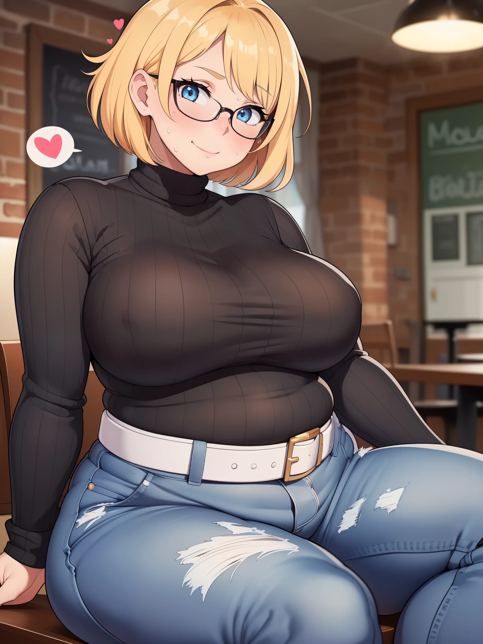 ((Masterpiece)), perfect anatomy, perfect shading, field of depth, (best quality), extremely delicate and beautiful, perfect lighting, detailed face, ultra cute face, cute, (cowboy shot 1.2), turned to the side, (((1girl))), ((solo)), looking at viewer,
short hair, fluffy hair, blonde hair, blue eyes, Glasses, (((Blush))), shy, affectionate smile, sweating, in love, (black turtleneck sweater 1.5), (jeans 1.2), belt, extremely tight clothes, large breasts, ((wide hips)), ((thick thighs)), ((plump)), chubby belly, fat rolls, belly hangs over belt,
coffee shop, sitting, intricate background, detailed background, (spoken heart)