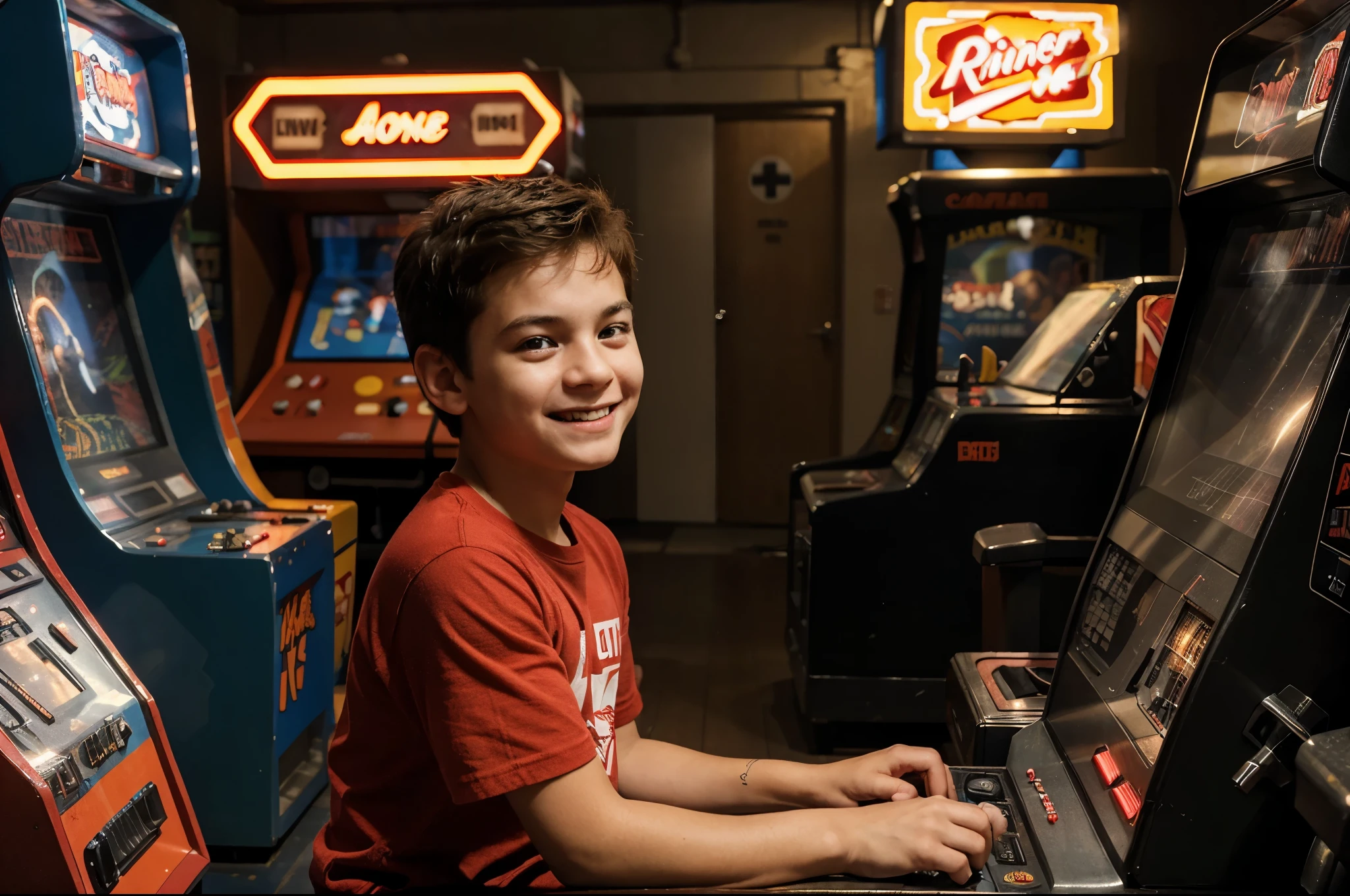 A high quality photo of a boy enthusiastically playing an arcade machine. The boy has a concentrated expression, wearing a red t-shirt and jeans. The background is a dimly lit arcade filled with multiple arcade machines, flashing lights, and people in the distance. The overall ambiance of the photo is cinematic and nostalgic, evoking a sense of 80s excitement and joy, photo, cinematic