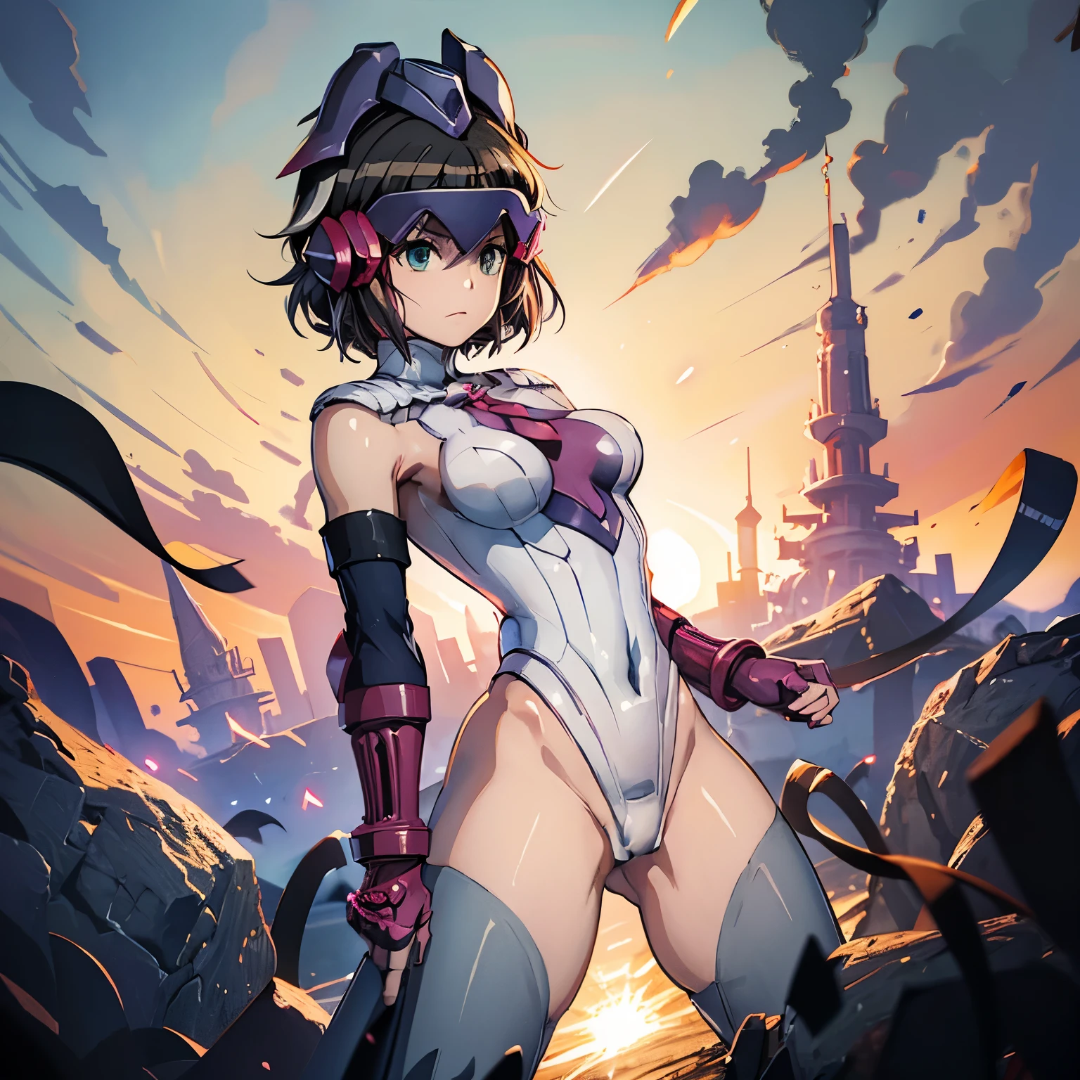 ultra-detailed, Explicit, Beautiful body, Beautiful Nose, Beautiful character design, perfect eyes, perfect face, ultra highres, 4K, beautiful legs, perfect legs, Nice hands, Perfect hand, Masterpiece, Best Quality, Highly detailed, illustration, absurdres, perfect anatomy, street fighter, doll suit, shadaloo doll, dollsuit, expressionless, blank eyes, looking at viewer, red gloves, emotionless, black latex, corrution, mind control, female combatant, full body, hypnotized, unhappy trance, full body suit, ribbed bodysuit, both arms at side, obey, perfect female body, extremely glossy latex, hypnosis, hypnoLora, empty eyes, Mind control device, poses, submissive_pose, Slave, standing straight, standing, standing at attention, hat, necktie, belt, latex, ribbed bodysuit, thighhighs, garter belt, Fighting Stance, extending the right arm from the shoulder into the air with a straightened hand, military, thigh boots, hair ornaments, black hair, short hair, green eyes, (((pixel-perfect, detail-perfect))), solo, 1girl, Kohinata Miku ShenShoujing, Senki Zesshou Symphogear, bangs, ribbon, hair_bow, hair_ribbon, mask, helmet, ,headgear